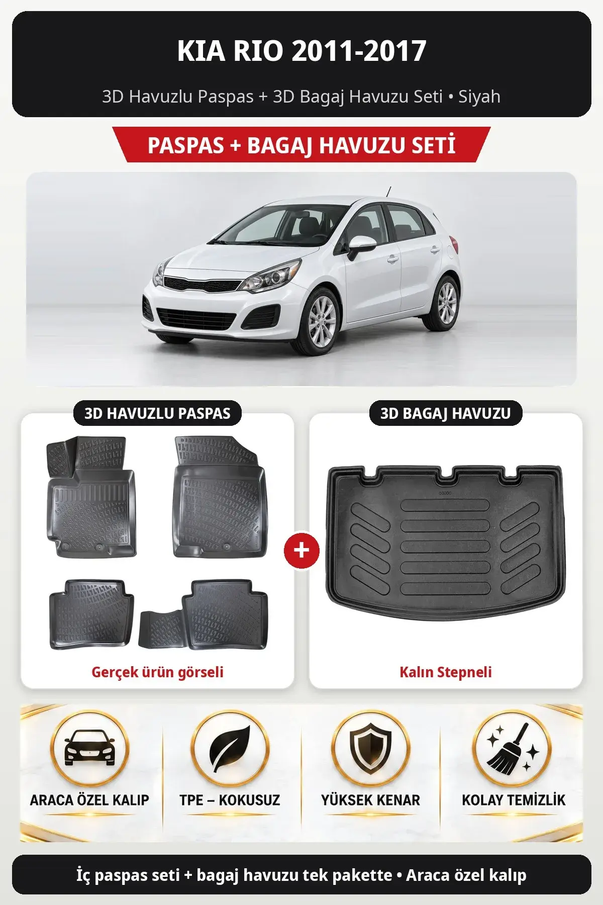 Kia Rio 2011-2017 3D Havuzlu Paspas + 3D Bagaj Havuzu Seti (Kalın Stepneli) Siyah (1)