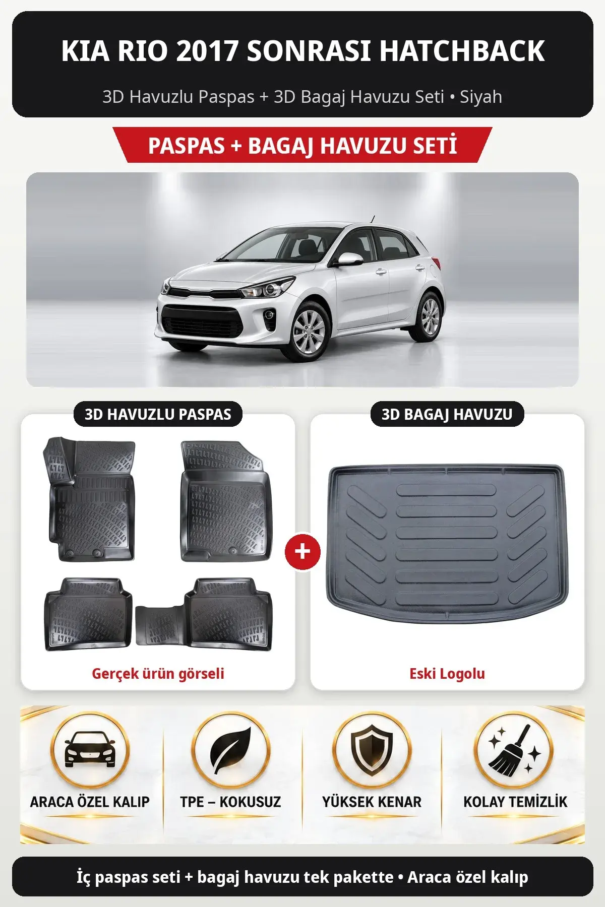 Kia Rio 2017 Sonrası Hatchback 3D Havuzlu Paspas + 3D Bagaj Havuzu Seti (Eski Logolu) Siyah (1)