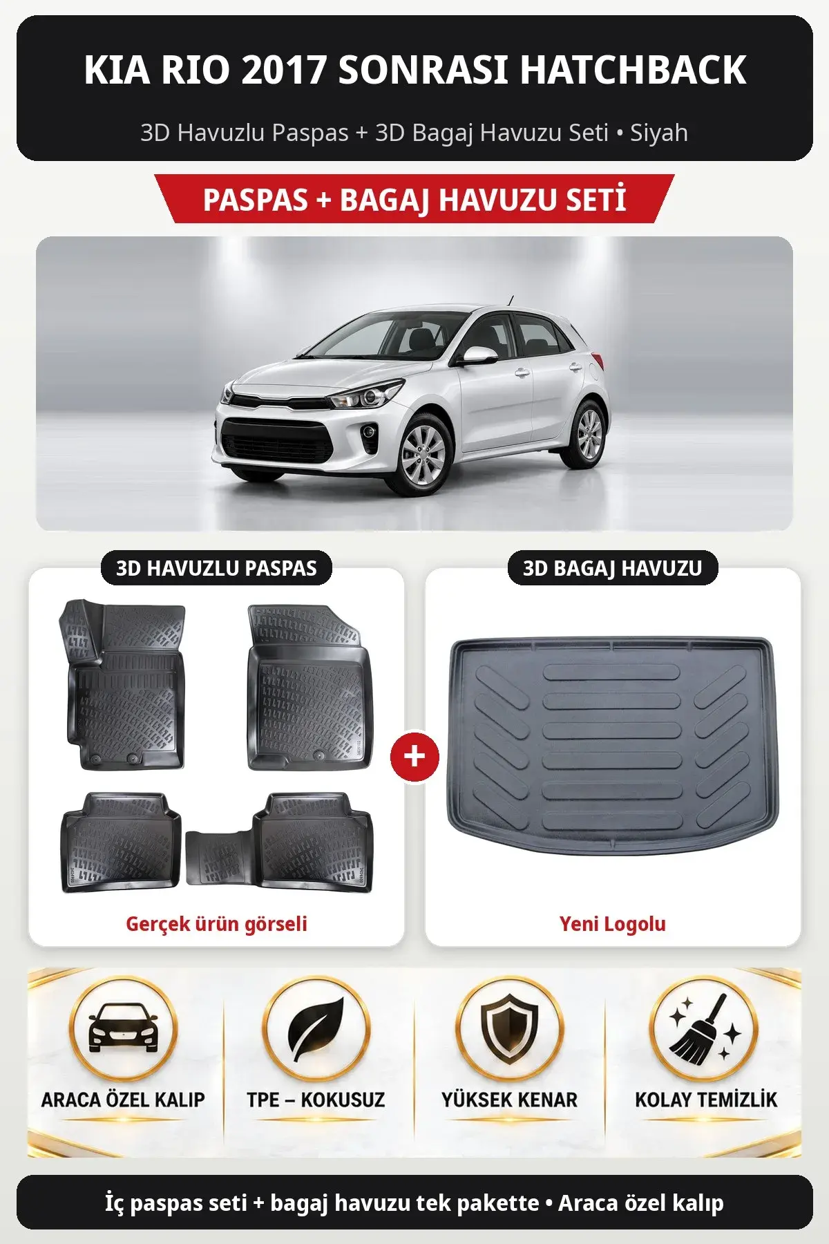 Kia Rio 2017 Sonrası Hatchback 3D Havuzlu Paspas + 3D Bagaj Havuzu Seti (Yeni Logolu) Siyah (1)