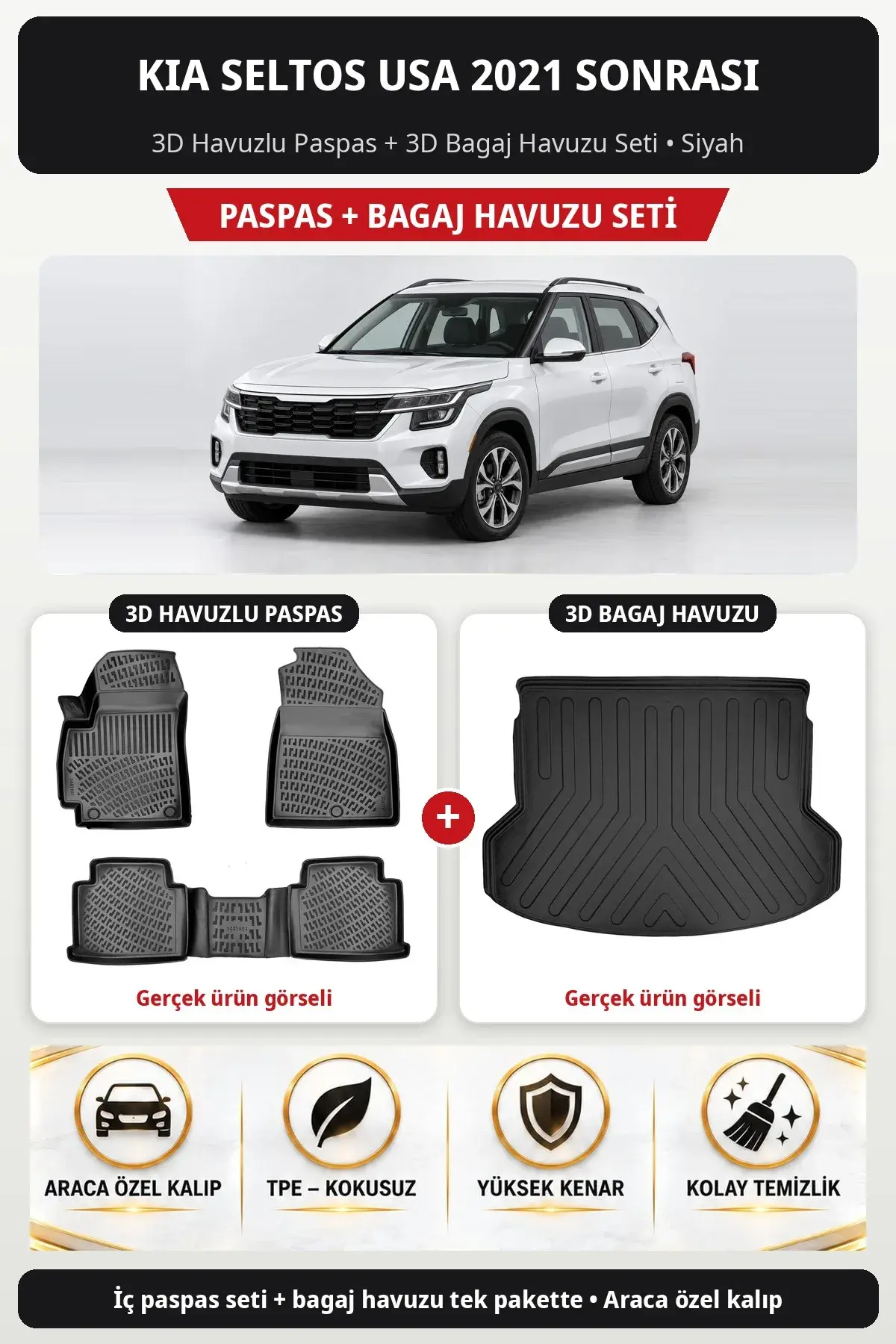 Kia Seltos USA 2021 Sonrası 3D Havuzlu Paspas + 3D Bagaj Havuzu Seti Siyah (1)