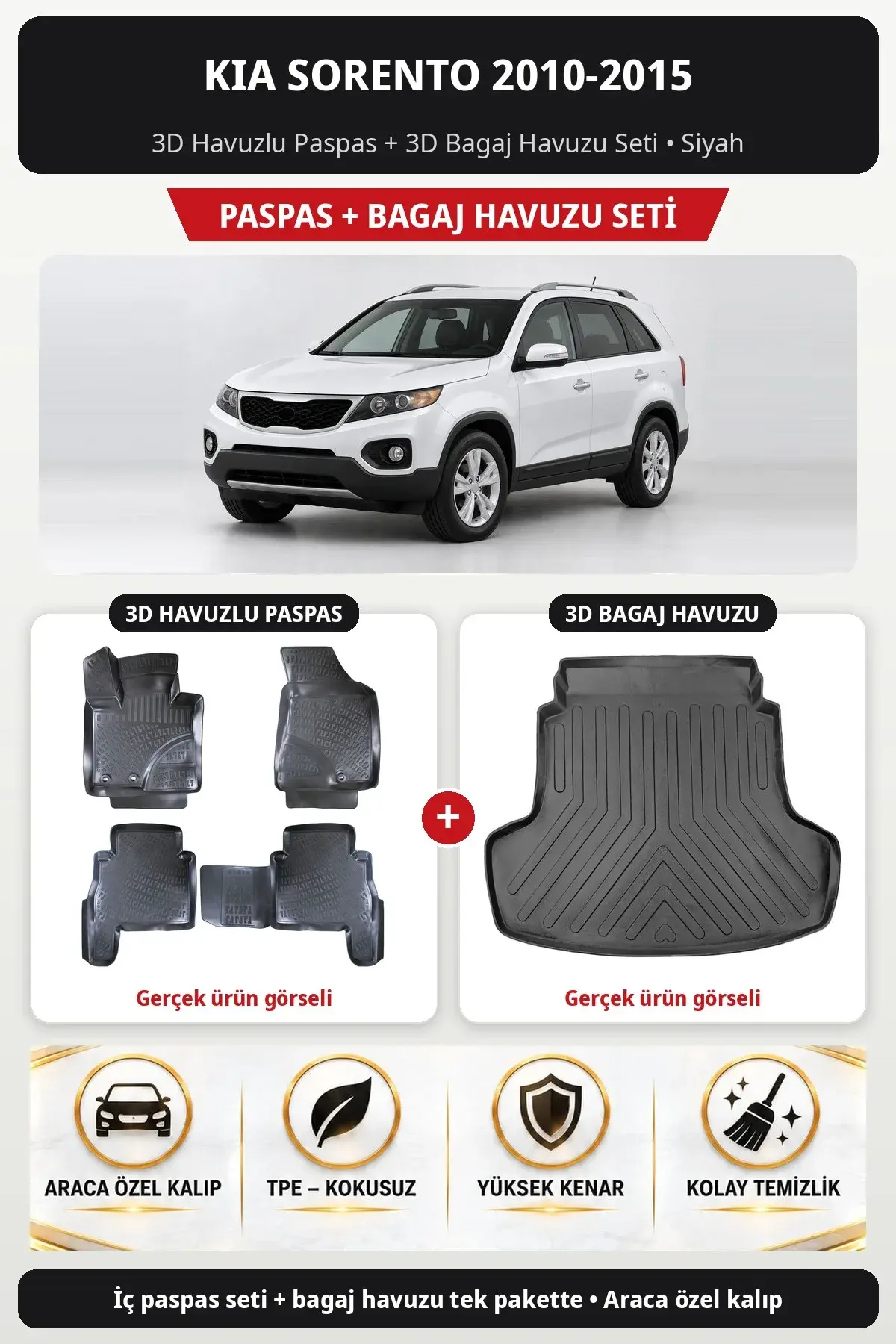 Kia Sorento 2010-2015 3D Havuzlu Paspas + 3D Bagaj Havuzu Seti Siyah (1)