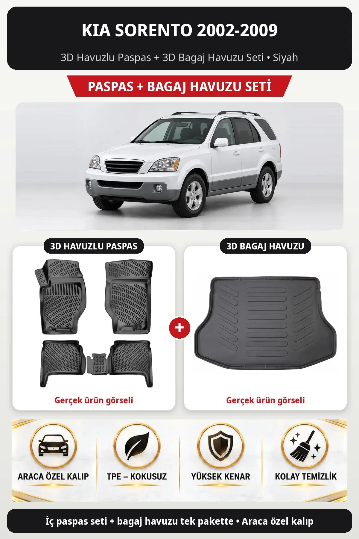Kia Sorento 2002-2009 3D Havuzlu Paspas + 3D Bagaj Havuzu Seti Siyah (1)