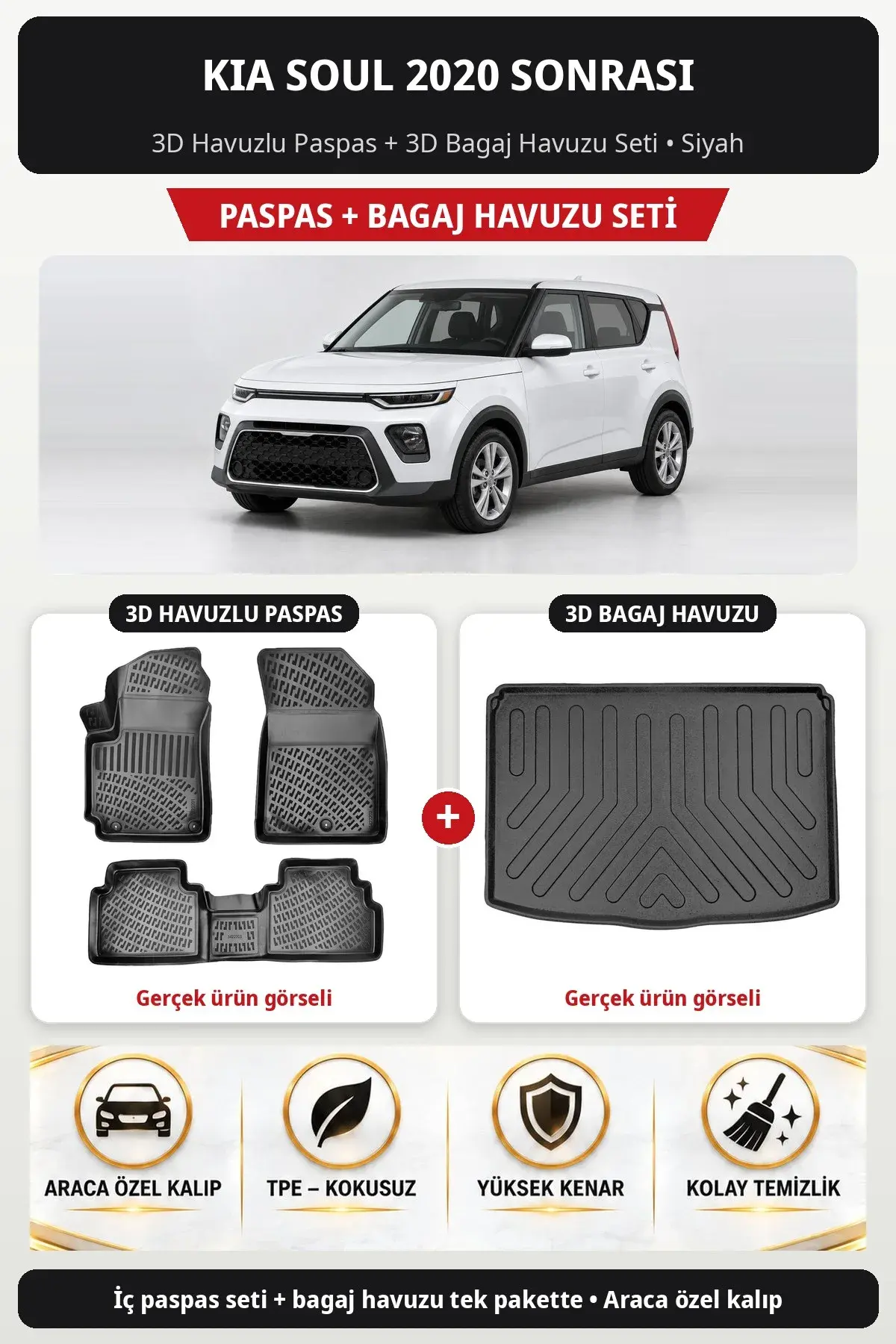 Kia Soul 2020 Sonrası 3D Havuzlu Paspas + 3D Bagaj Havuzu Seti Siyah (1)