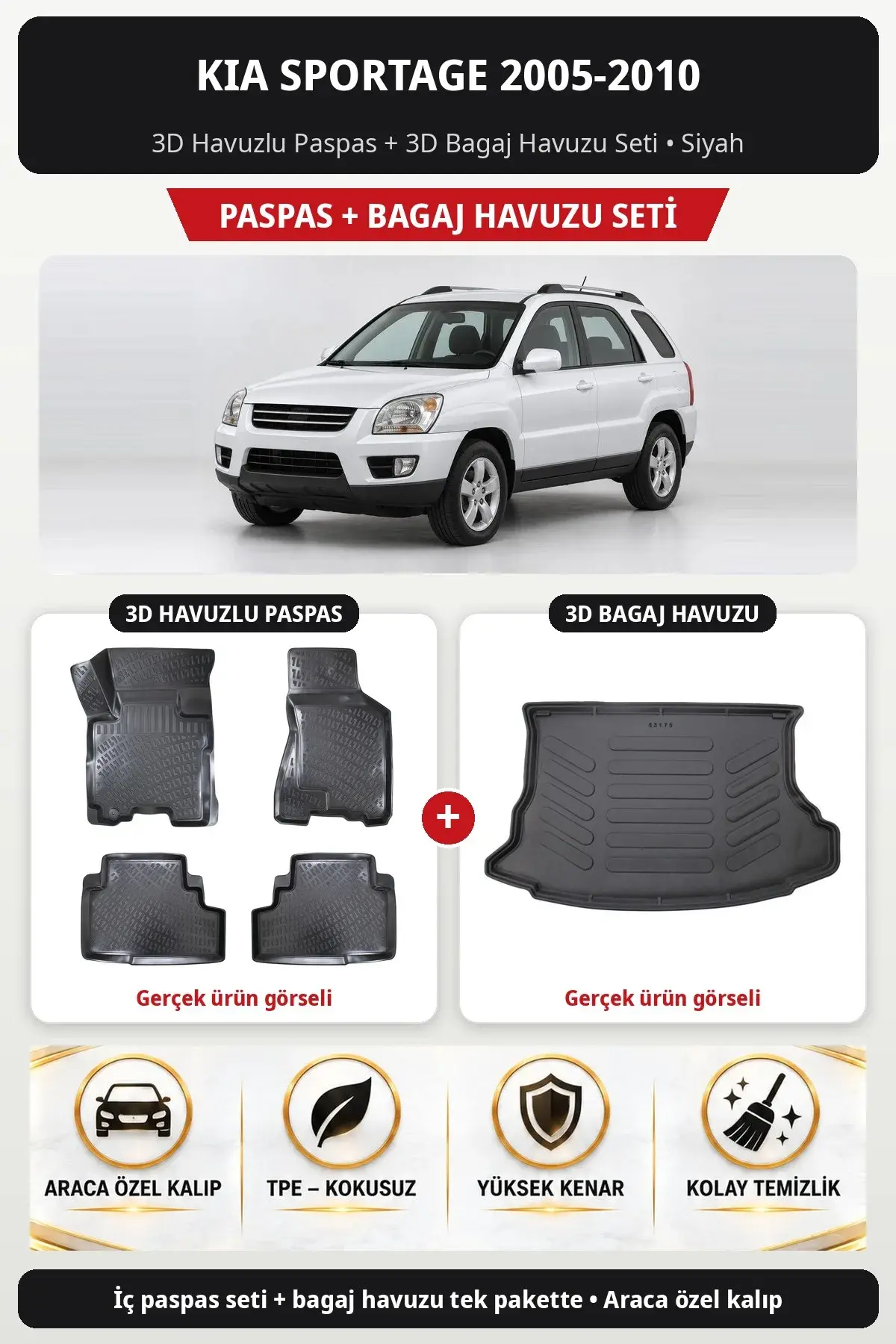 Kia Sportage 2005-2010 3D Havuzlu Paspas + 3D Bagaj Havuzu Seti Siyah (1)