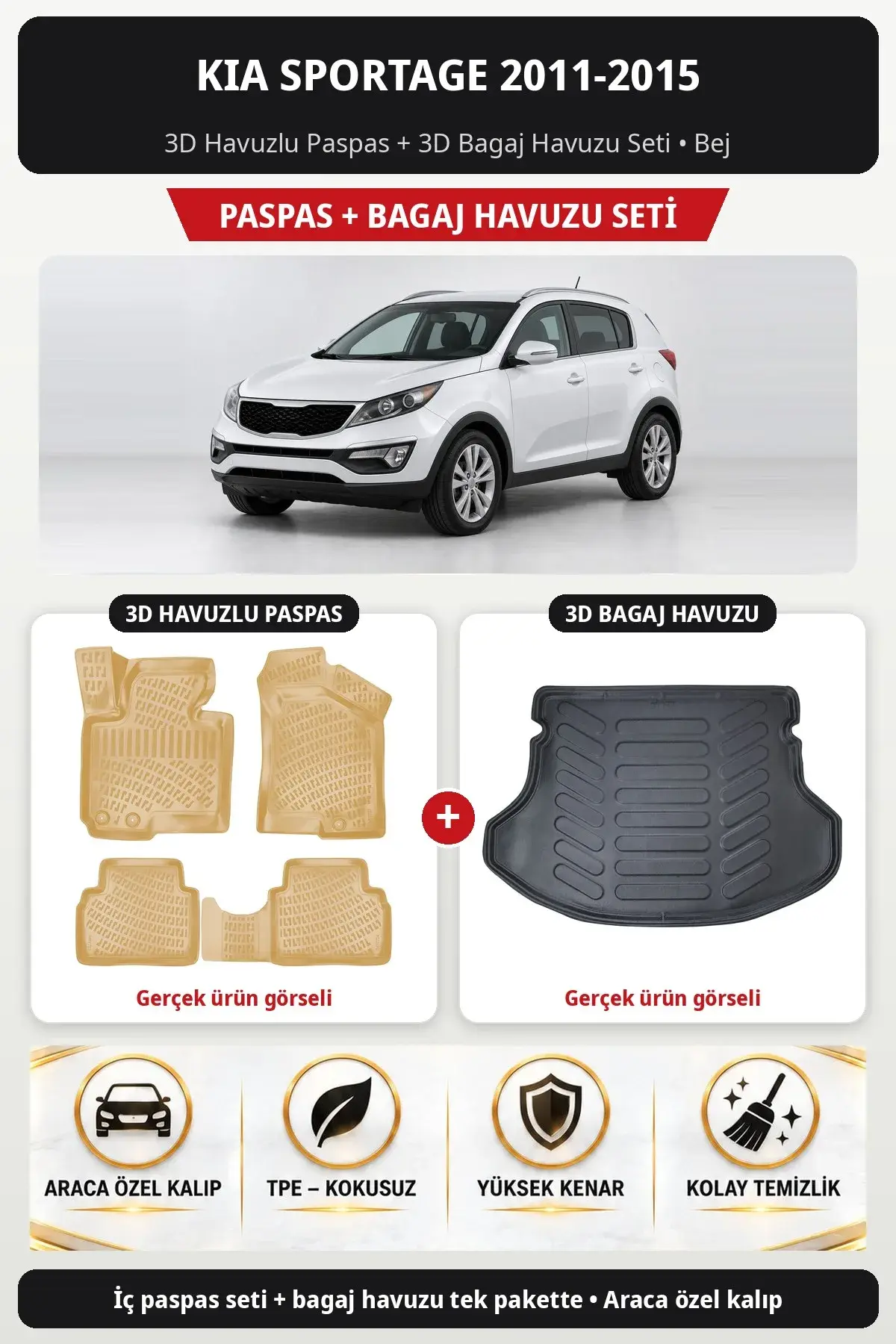 Kia Sportage 2011-2015 3D Havuzlu Paspas + 3D Bagaj Havuzu Seti Bej (1)