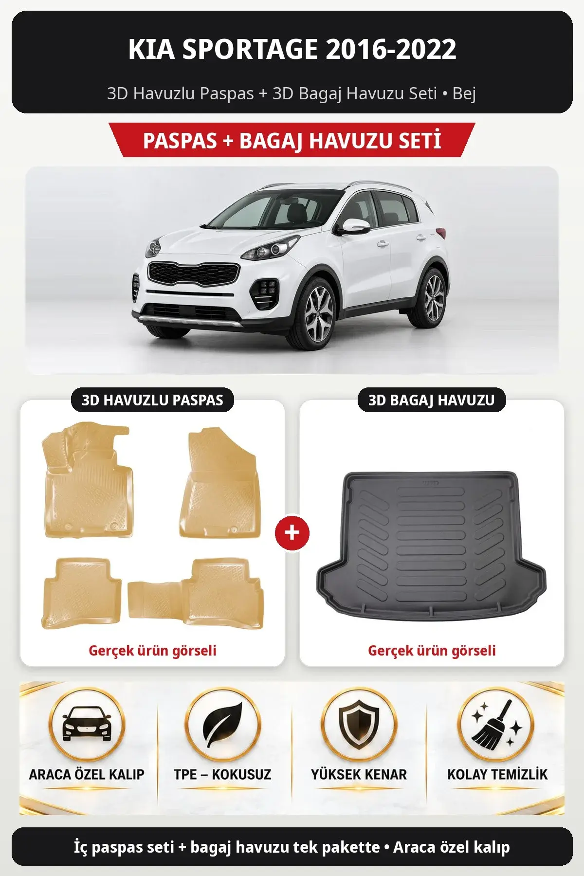 Kia Sportage 2016-2022 3D Havuzlu Paspas + 3D Bagaj Havuzu Seti Bej (1)
