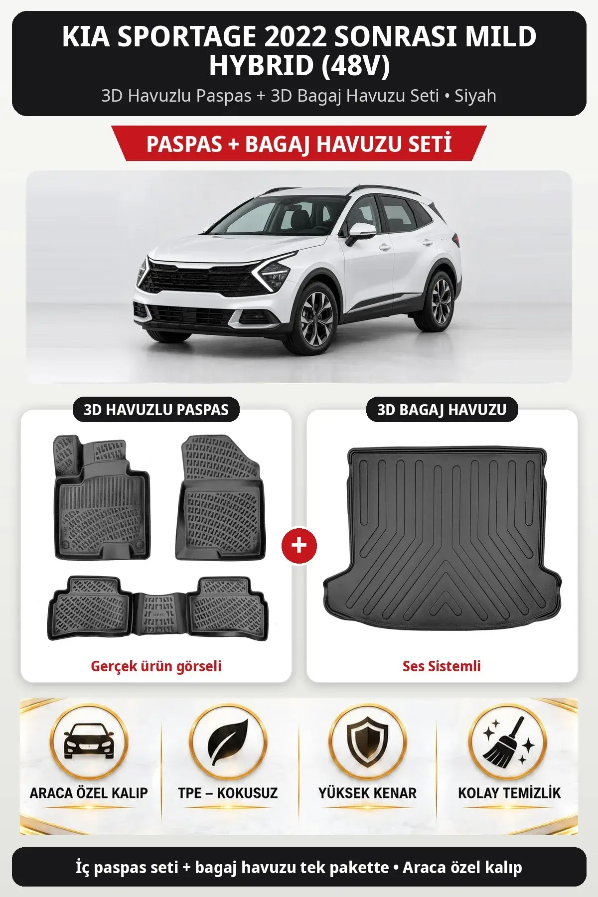 Kia Sportage 2022 Sonrası Mild Hybrid (48v) 3D Paspas + Bagaj Havuzu Seti (Ses Sistemli) Siyah (1)