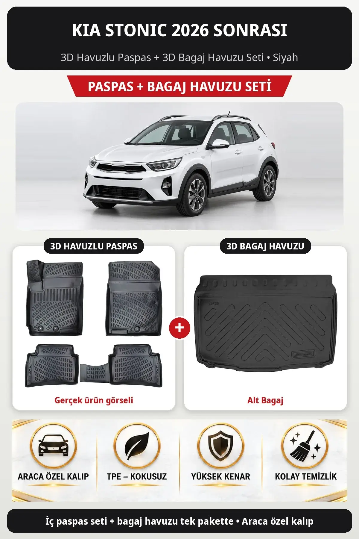 Kia Stonic 2026 Sonrası 3D Havuzlu Paspas + 3D Bagaj Havuzu Seti (Alt Bagaj) Siyah (1)