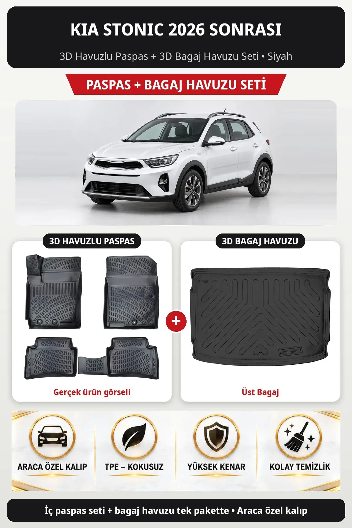 Kia Stonic 2026 Sonrası 3D Havuzlu Paspas + 3D Bagaj Havuzu Seti (Üst Bagaj) Siyah (1)