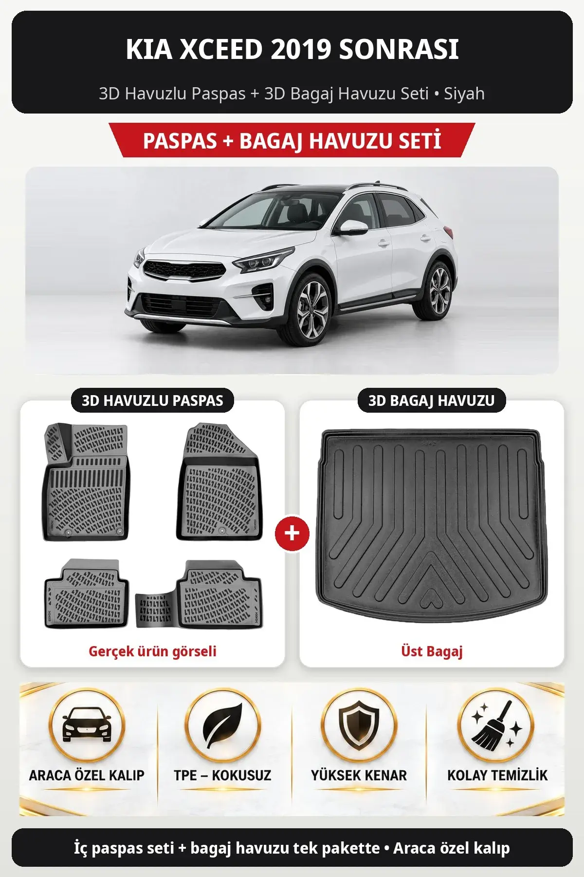 Kia XCeed 2019 Sonrası 3D Havuzlu Paspas + 3D Bagaj Havuzu Seti (Üst Bagaj) Siyah (1)