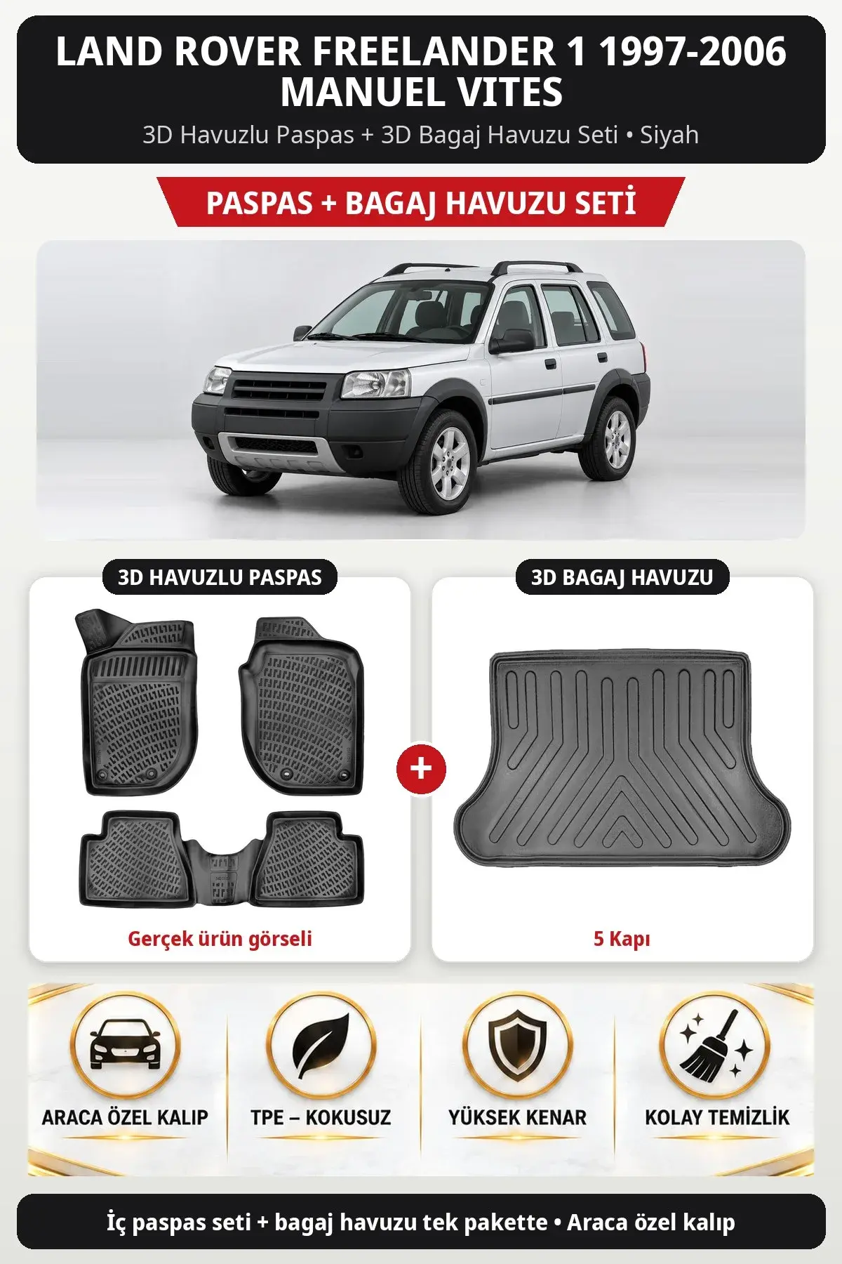 Land Rover Freelander 1 1997-2006 Manuel Vites 3D Paspas + Bagaj Havuzu Seti (5 Kapı) Siyah (1)
