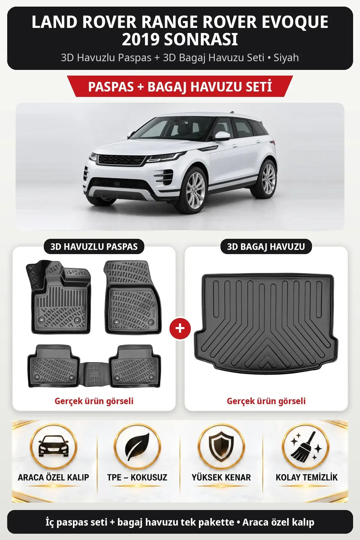 Land Rover Range Rover Evoque 2019 Sonrası 3D Havuzlu Paspas + 3D Bagaj Havuzu Seti Siyah (1)