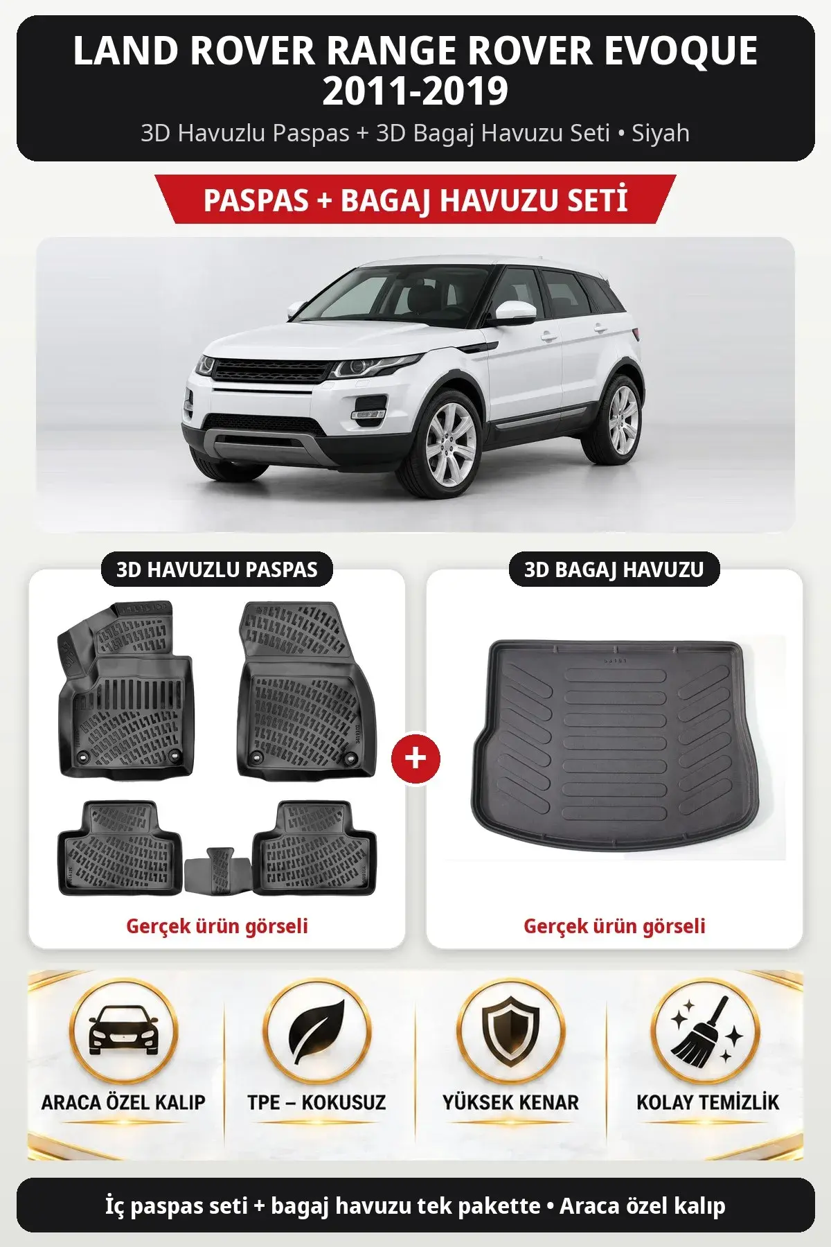 Land Rover Range Rover Evoque 2011-2019 3D Havuzlu Paspas + 3D Bagaj Havuzu Seti Siyah (1)