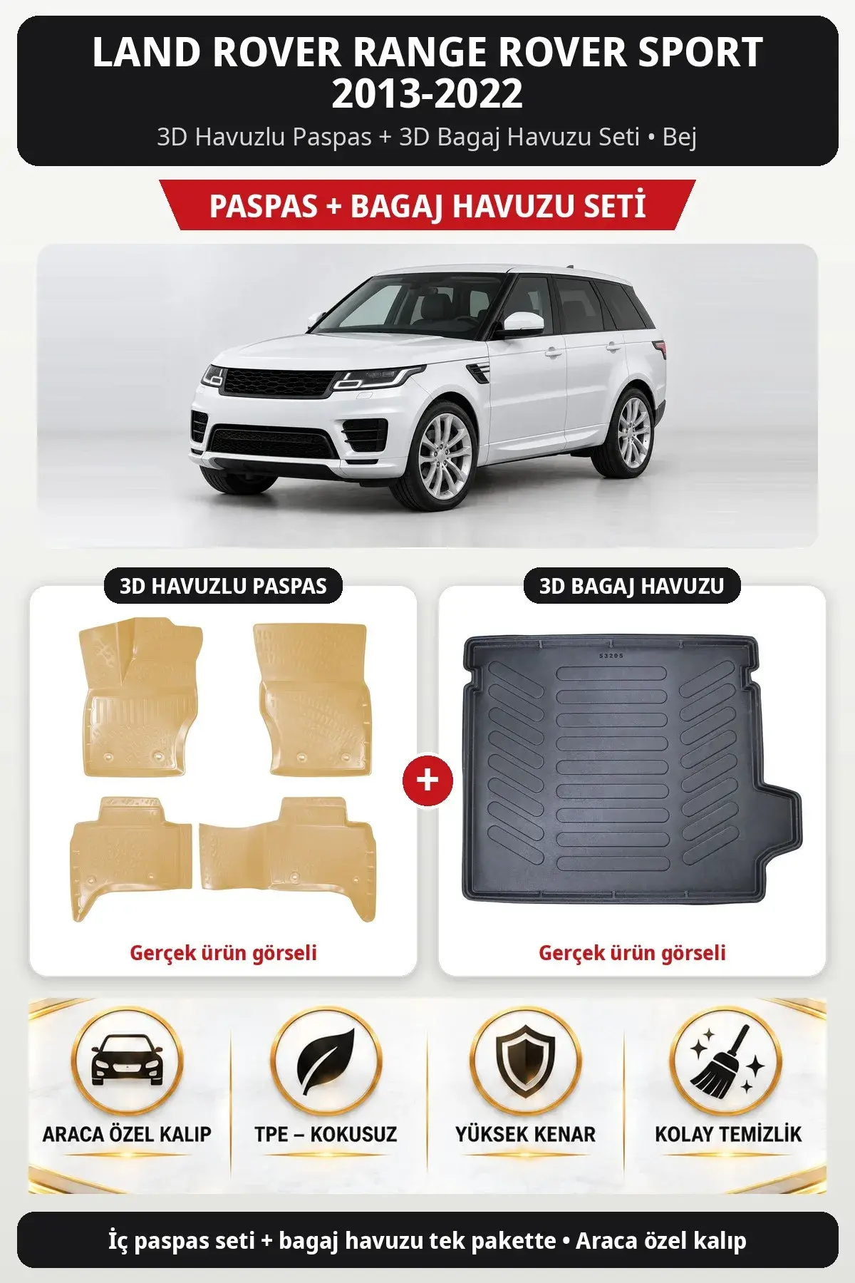 Land Rover Range Rover Sport 2013-2022 3D Havuzlu Paspas + 3D Bagaj Havuzu Seti Bej (1)