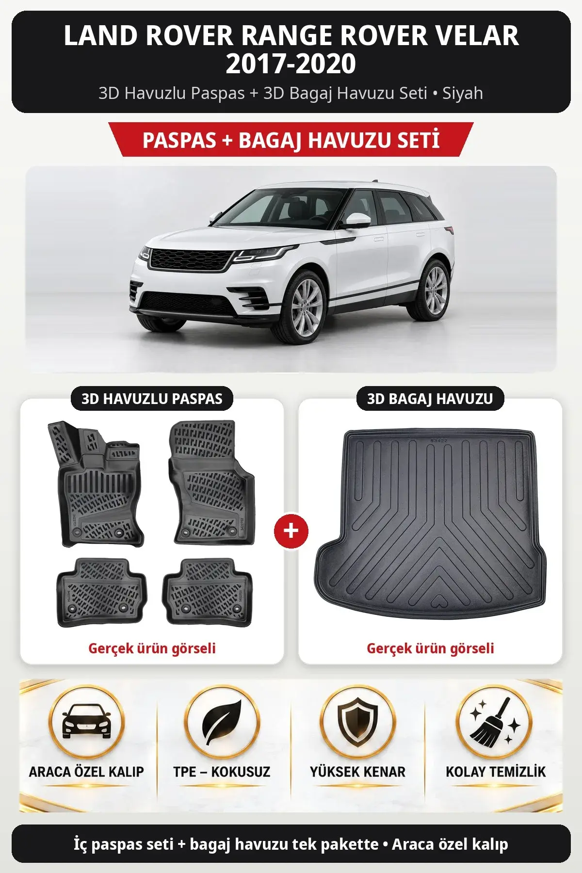 Land Rover Range Rover Velar 2017-2020 3D Havuzlu Paspas + 3D Bagaj Havuzu Seti Siyah (1)