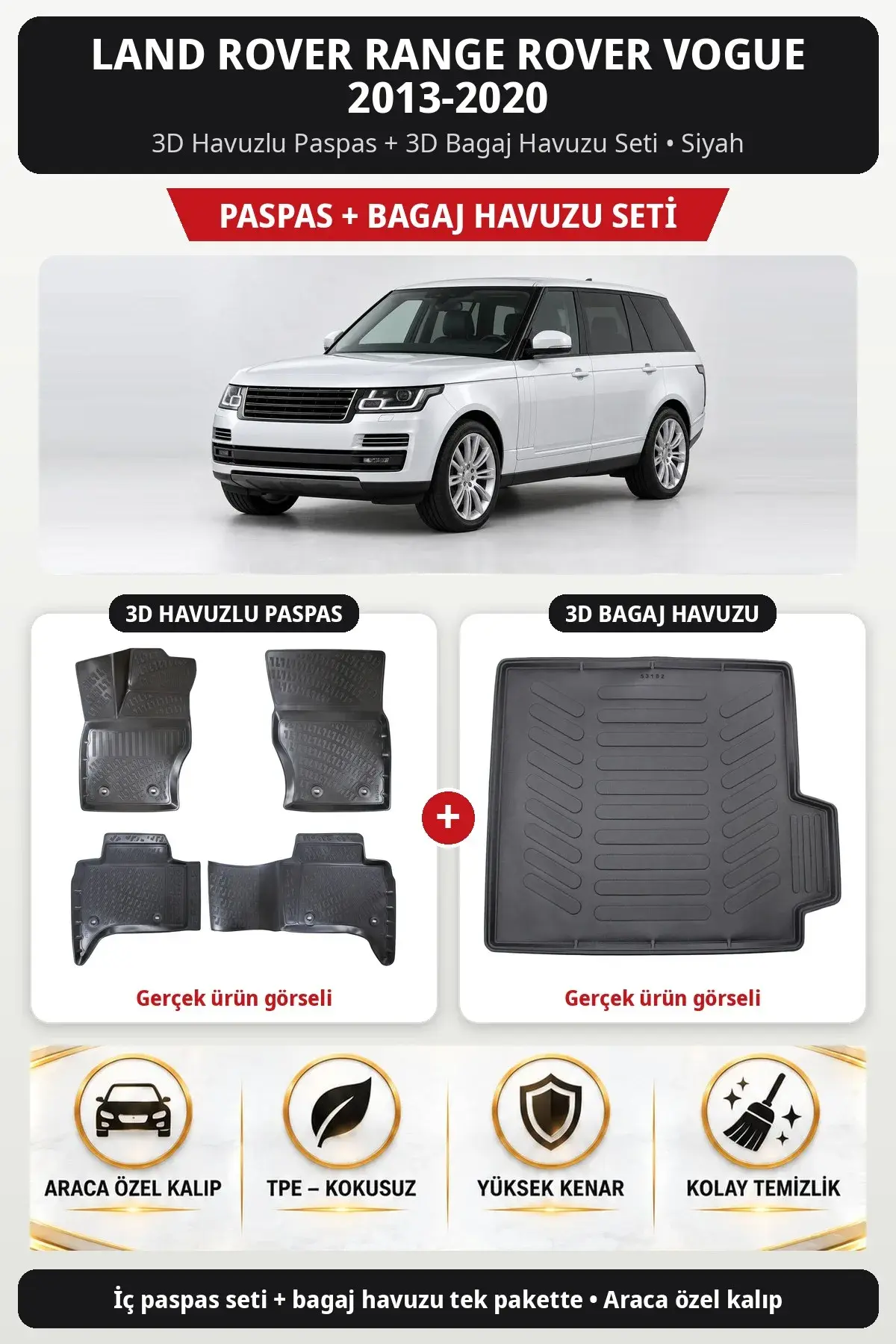 Land Rover Range Rover Vogue 2013-2020 3D Havuzlu Paspas + 3D Bagaj Havuzu Seti Siyah (1)