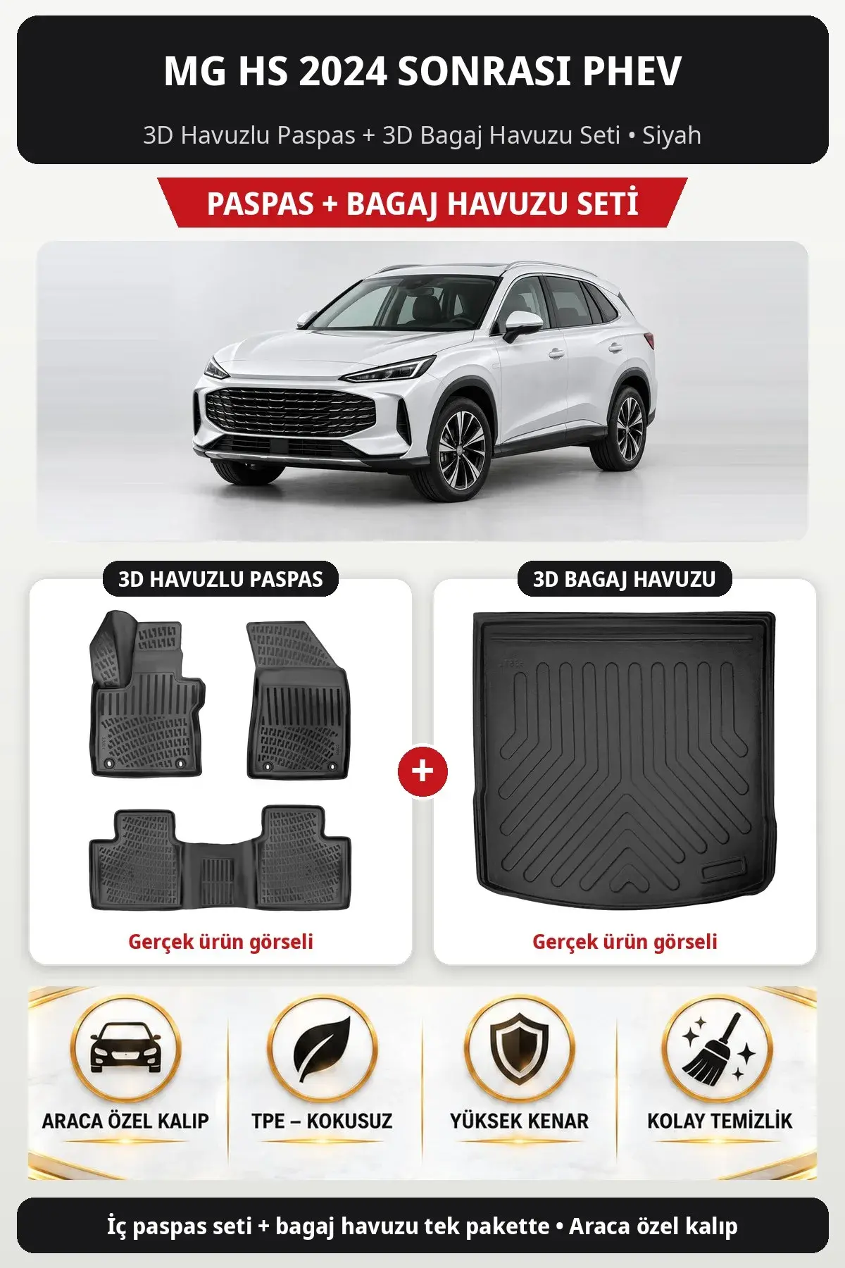 MG HS 2024 Sonrası Phev 3D Havuzlu Paspas + 3D Bagaj Havuzu Seti Siyah (1)