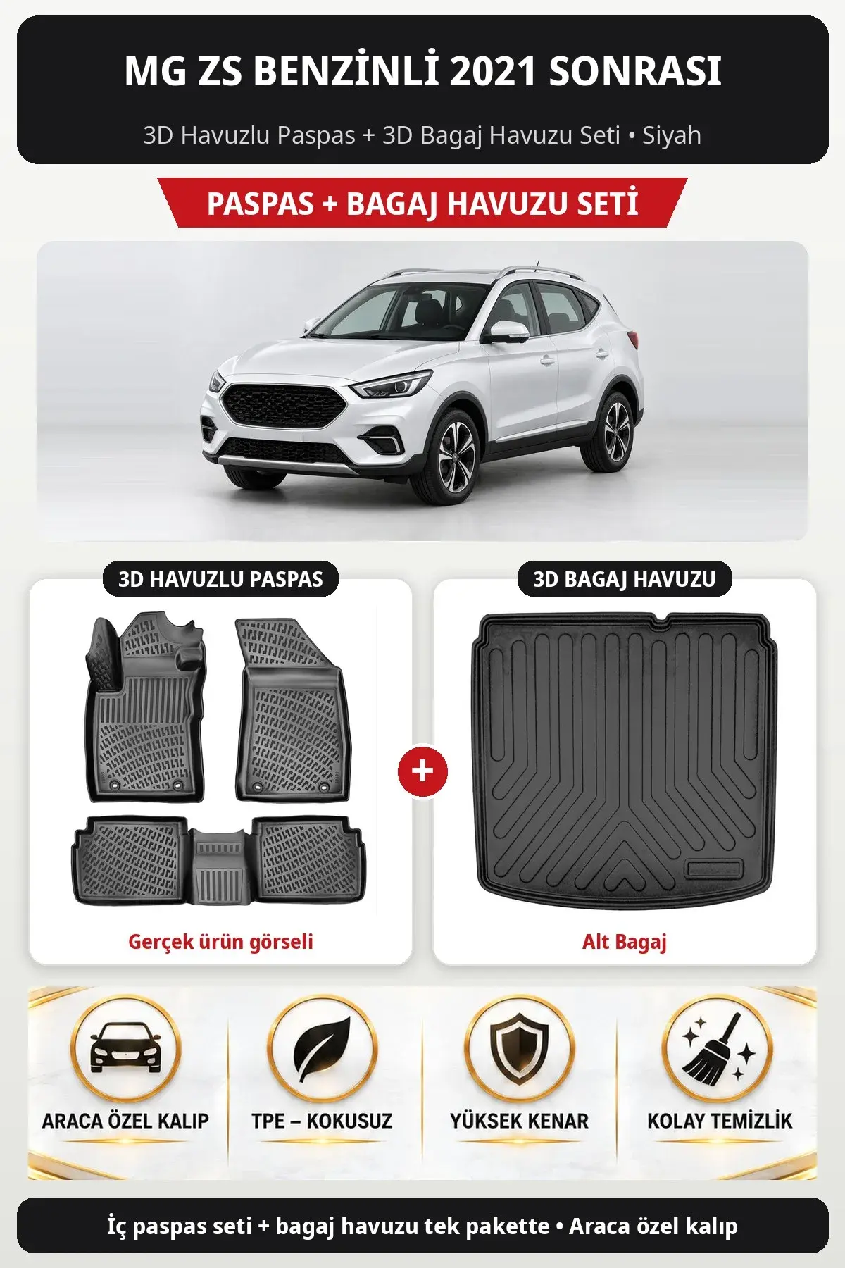 MG ZS Benzinli 2021 Sonrası 3D Havuzlu Paspas + 3D Bagaj Havuzu Seti (Alt Bagaj) Siyah (1)