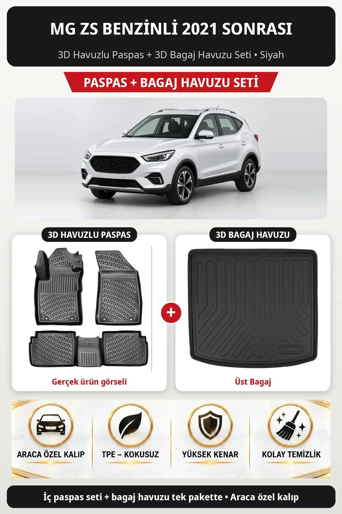 MG ZS Benzinli 2021 Sonrası 3D Havuzlu Paspas + 3D Bagaj Havuzu Seti (Üst Bagaj) Siyah (1)