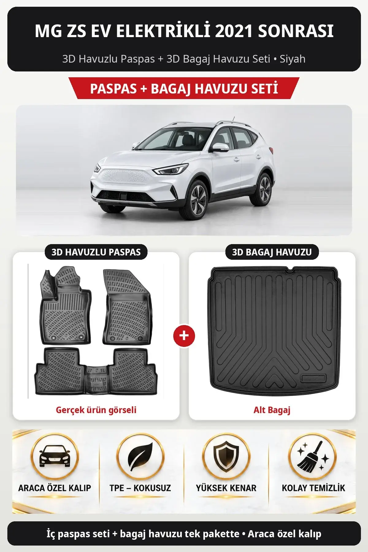 MG ZS EV Elektrikli 2021 Sonrası 3D Havuzlu Paspas + 3D Bagaj Havuzu Seti (Alt Bagaj) Siyah (1)
