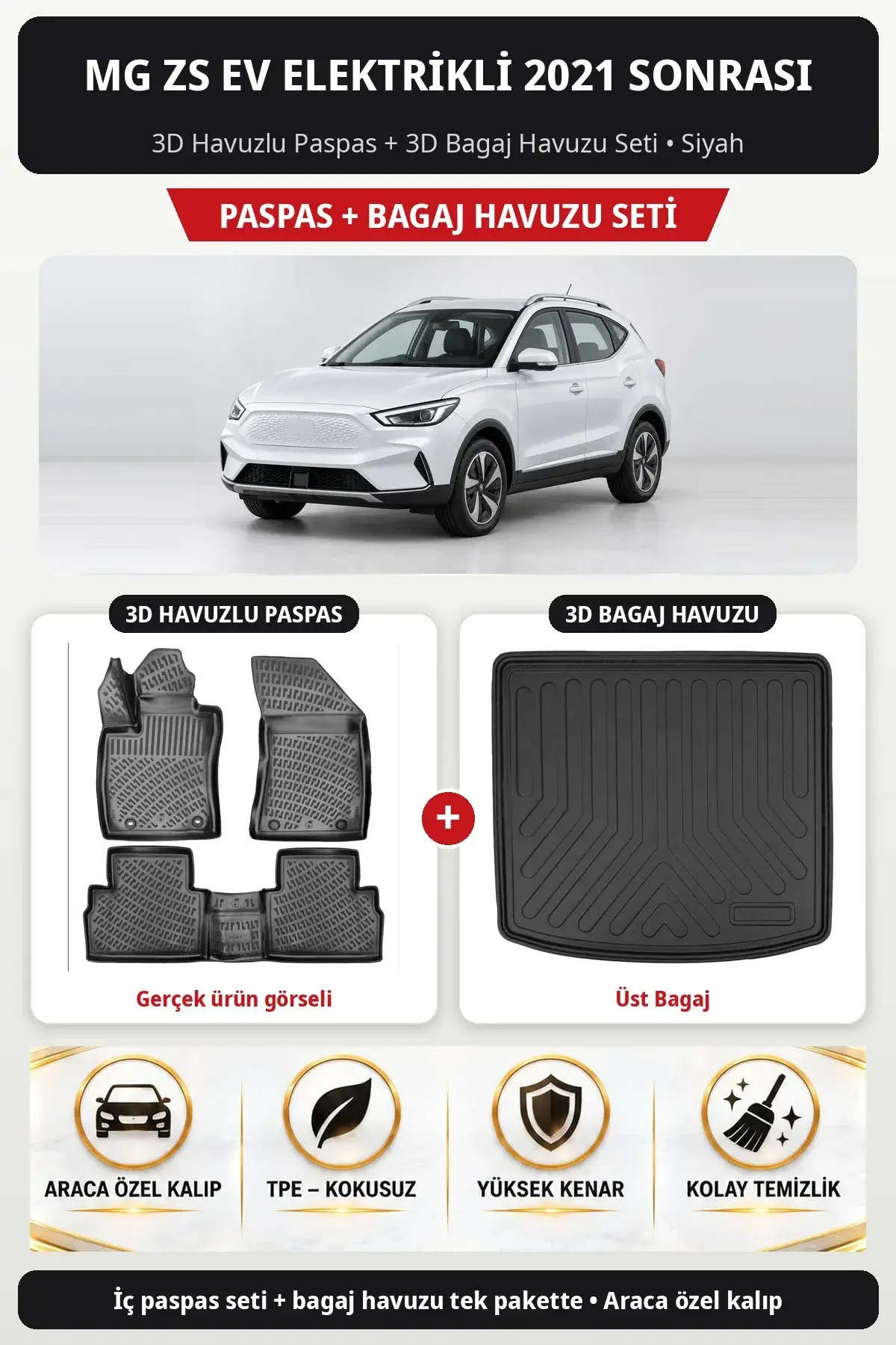 MG ZS EV Elektrikli 2021 Sonrası 3D Havuzlu Paspas + 3D Bagaj Havuzu Seti (Üst Bagaj) Siyah (1)