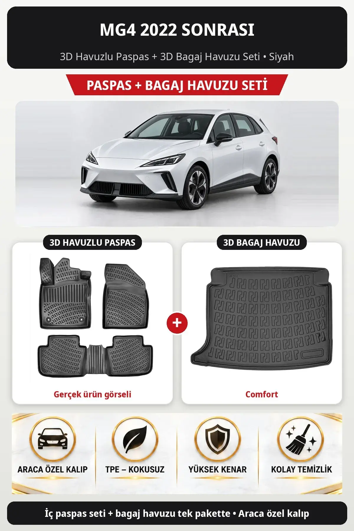 MG4 2022 Sonrası 3D Havuzlu Paspas + 3D Bagaj Havuzu Seti (Comfort) Siyah (1)