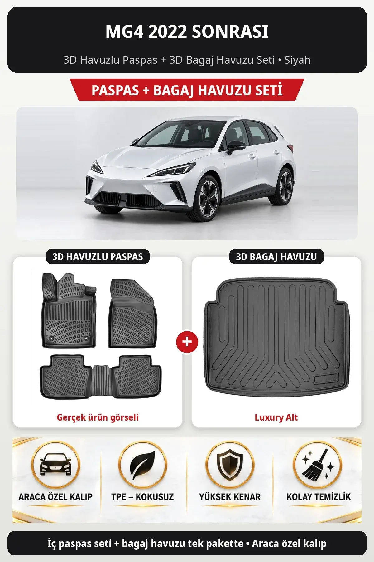 MG4 2022 Sonrası 3D Havuzlu Paspas + 3D Bagaj Havuzu Seti (Luxury Alt) Siyah (1)