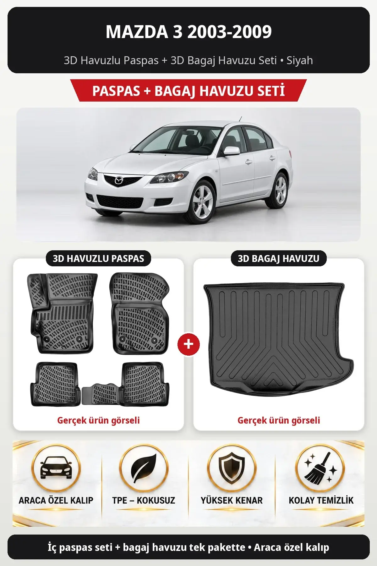 Mazda 3 2003-2009 3D Havuzlu Paspas + 3D Bagaj Havuzu Seti Siyah (1)