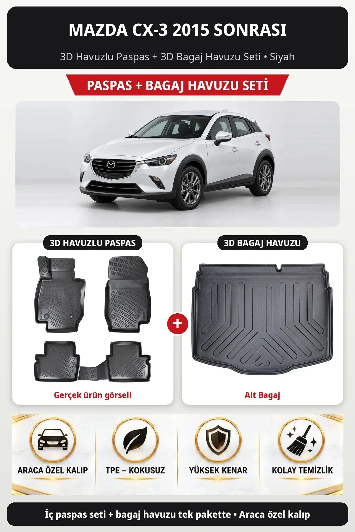 Mazda CX-3 2015 Sonrası 3D Havuzlu Paspas + 3D Bagaj Havuzu Seti (Alt Bagaj) Siyah (1)