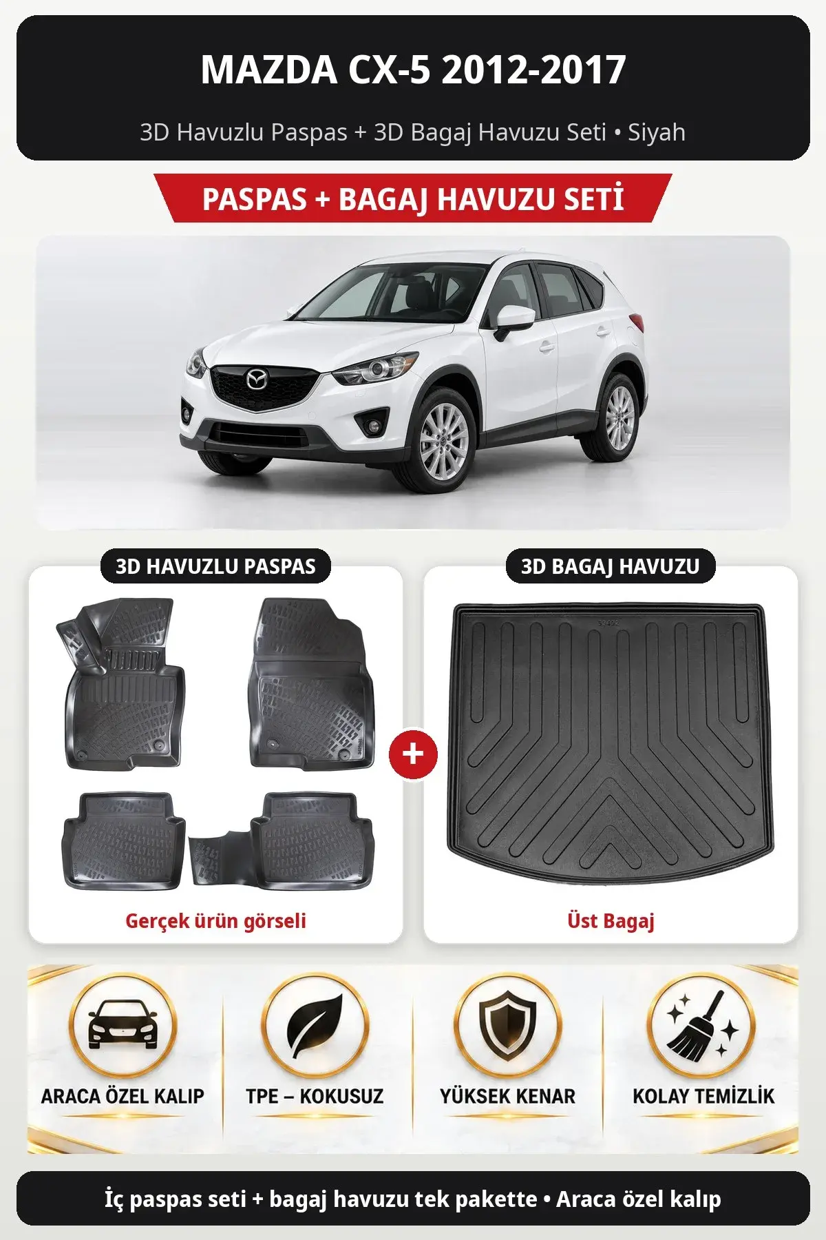 Mazda CX-5 2012-2017 3D Havuzlu Paspas + 3D Bagaj Havuzu Seti (Üst Bagaj) Siyah (1)
