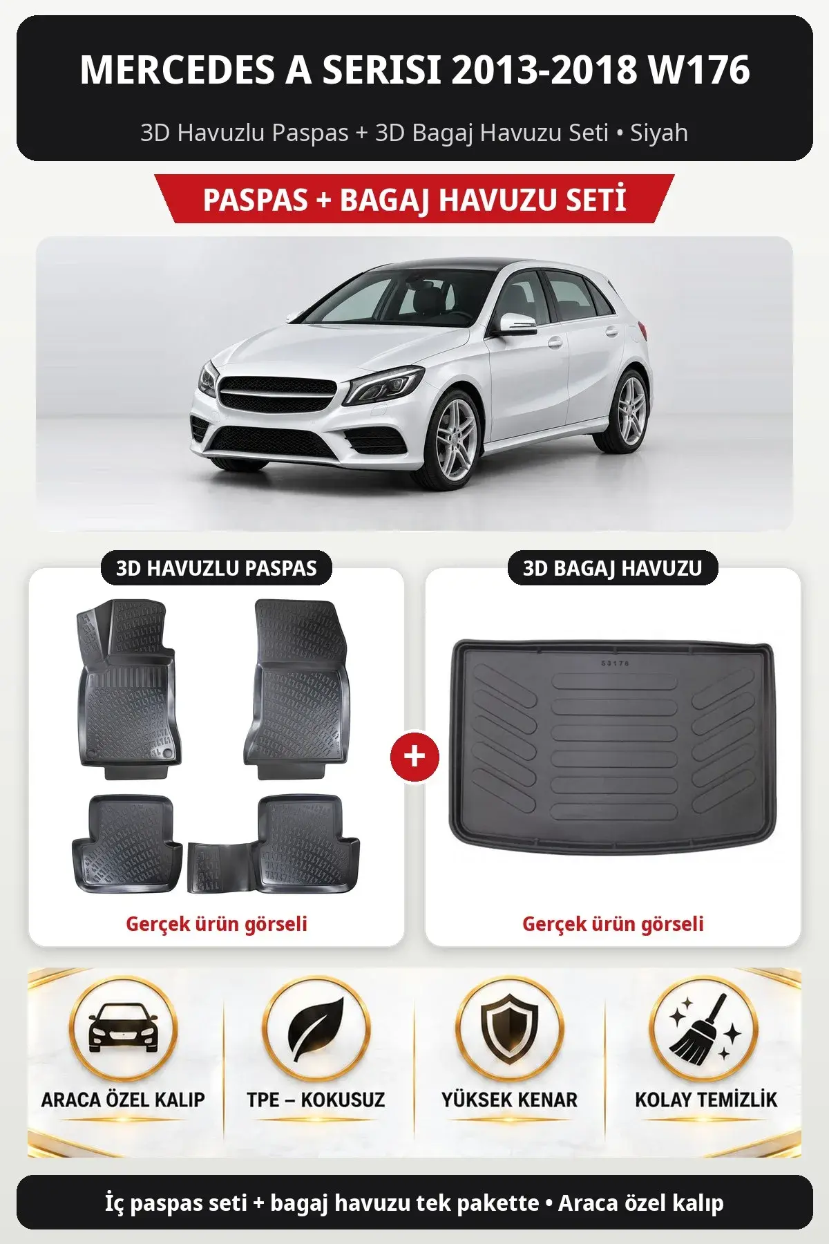 Mercedes A Serisi 2013-2018 W176 3D Havuzlu Paspas + 3D Bagaj Havuzu Seti Siyah (1)