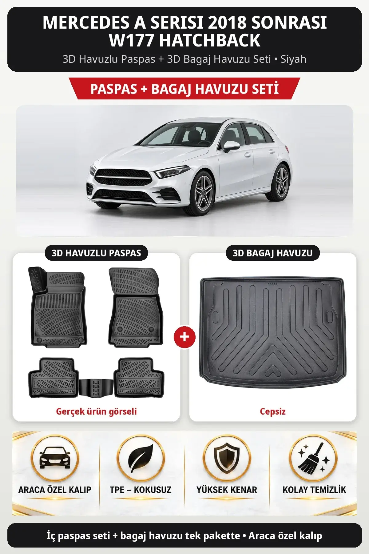 Mercedes A Serisi 2018 Sonrası W177 Hatchback 3D Paspas + Bagaj Havuzu Seti (Cepsiz) Siyah (1)