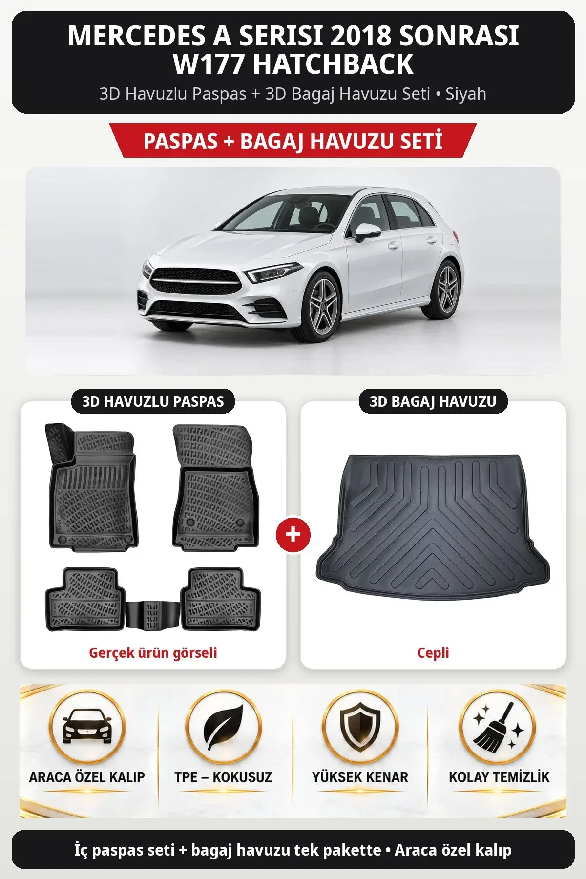 Mercedes A Serisi 2018 Sonrası W177 Hatchback 3D Havuzlu Paspas + 3D Bagaj Havuzu Seti (Cepli) Bej (1)