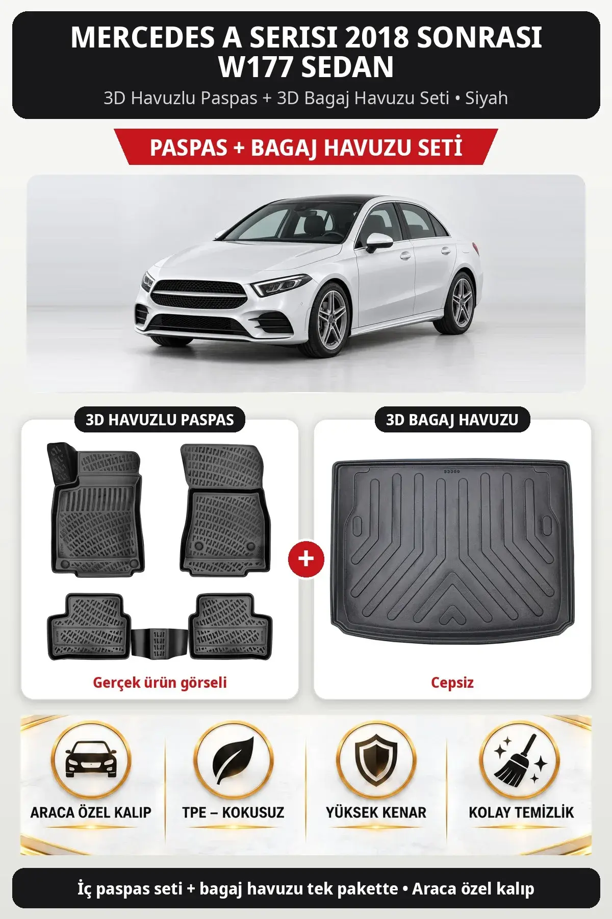 Mercedes A Serisi 2018 Sonrası W177 Sedan 3D Havuzlu Paspas + 3D Bagaj Havuzu Seti (Cepsiz) Siyah (1)