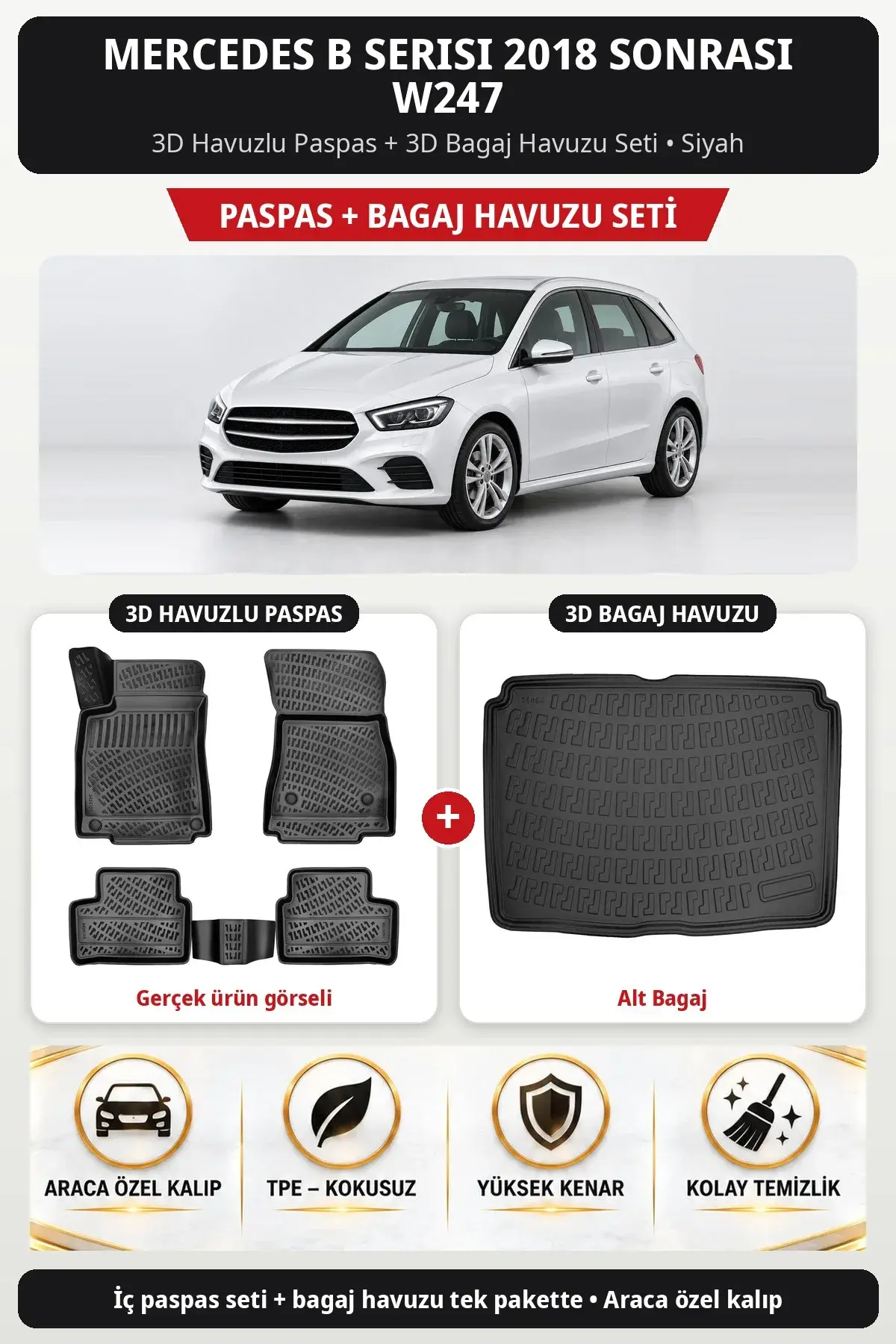 Mercedes B Serisi 2018 Sonrası W247 3D Havuzlu Paspas + 3D Bagaj Havuzu Seti (Alt Bagaj) Bej (1)