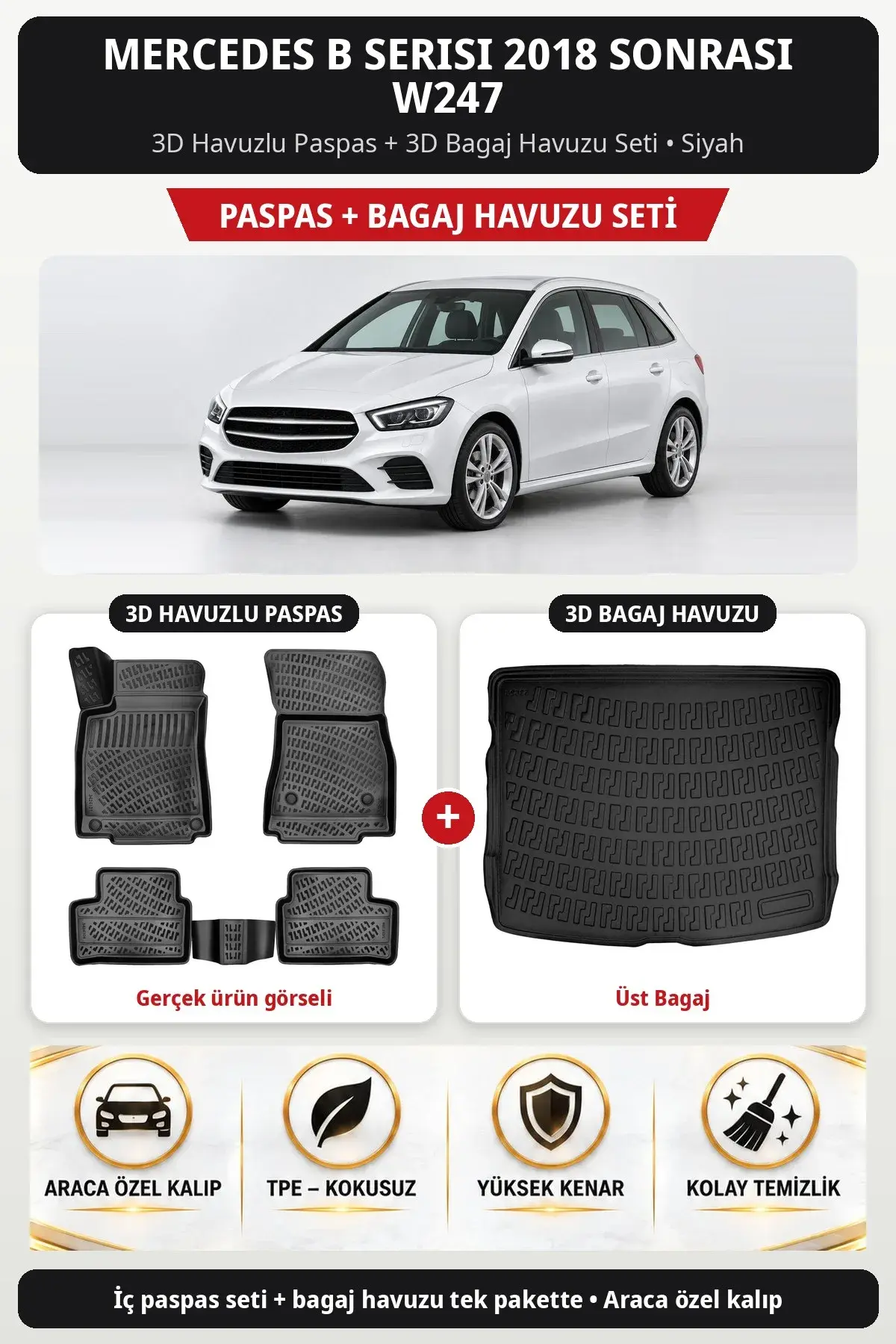 Mercedes B Serisi 2018 Sonrası W247 3D Havuzlu Paspas + 3D Bagaj Havuzu Seti (Üst Bagaj) Bej (1)