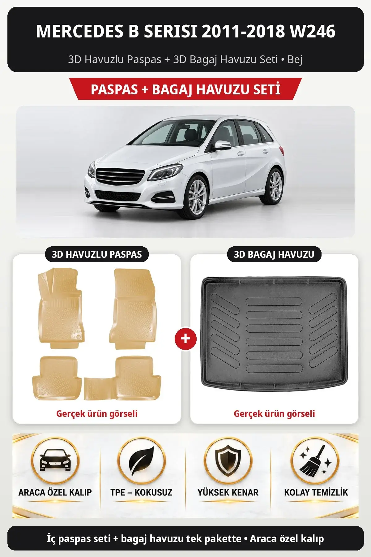 Mercedes B Serisi 2011-2018 W246 3D Havuzlu Paspas + 3D Bagaj Havuzu Seti Bej (1)