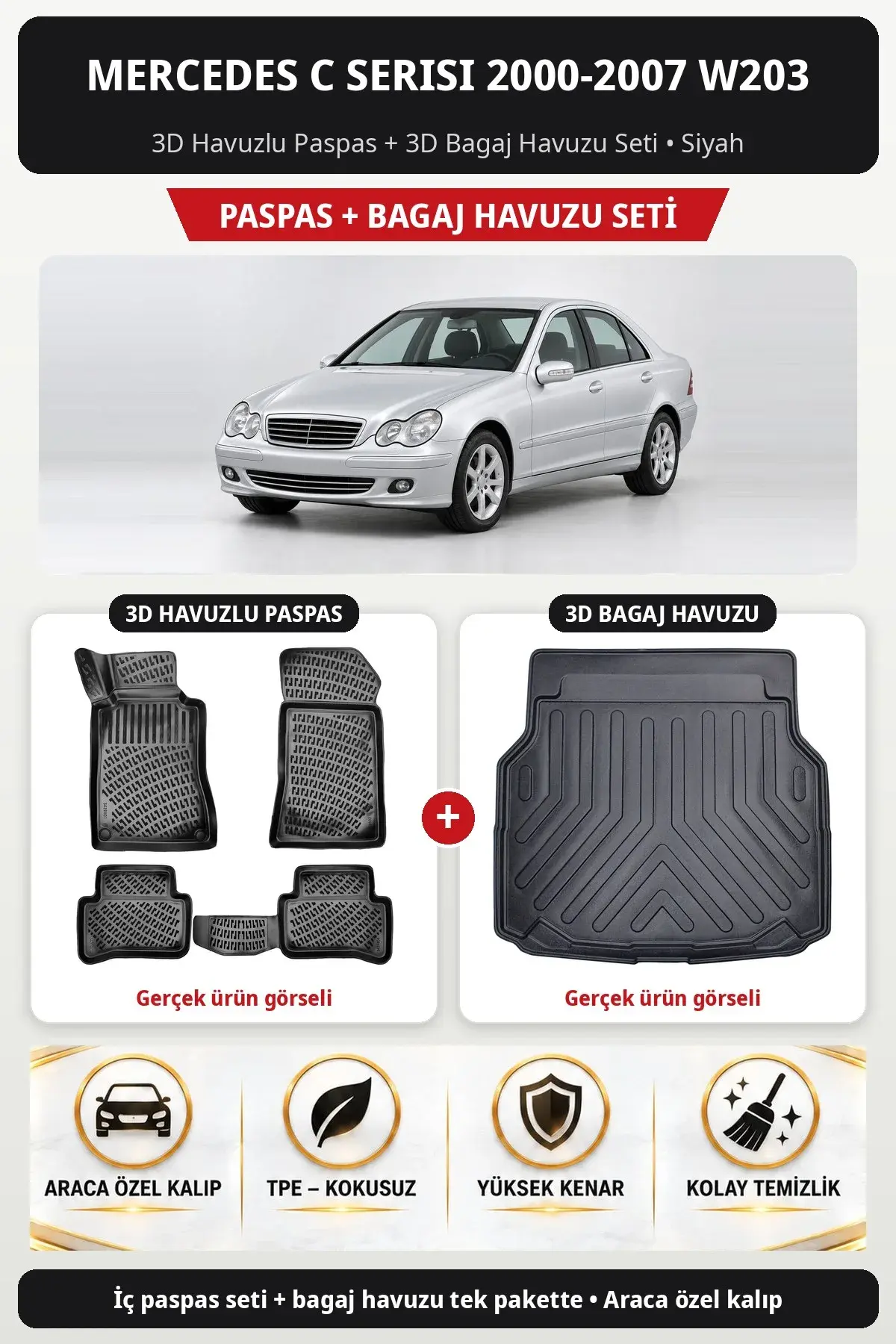 Mercedes C Serisi 2000-2007 W203 3D Havuzlu Paspas + 3D Bagaj Havuzu Seti Siyah (1)