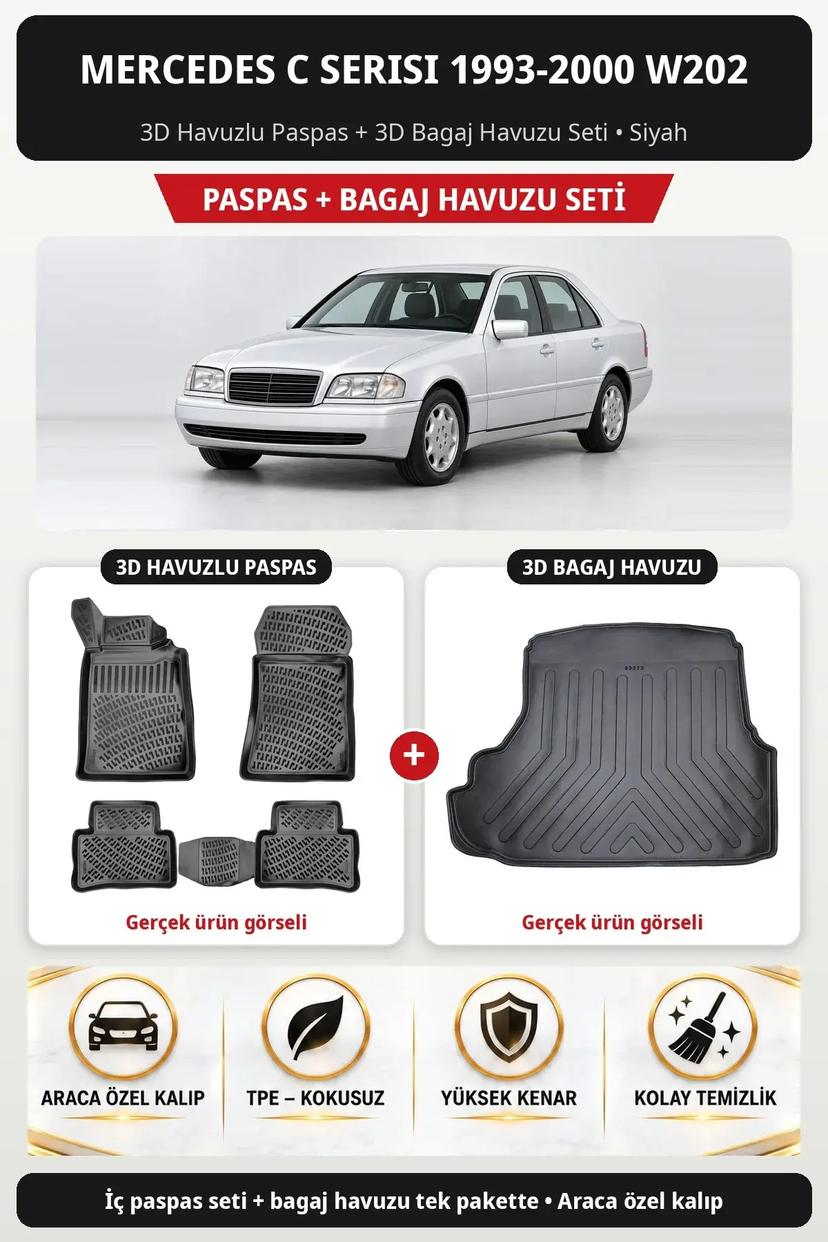 Mercedes C Serisi 1993-2000 W202 3D Havuzlu Paspas + 3D Bagaj Havuzu Seti Siyah (1)