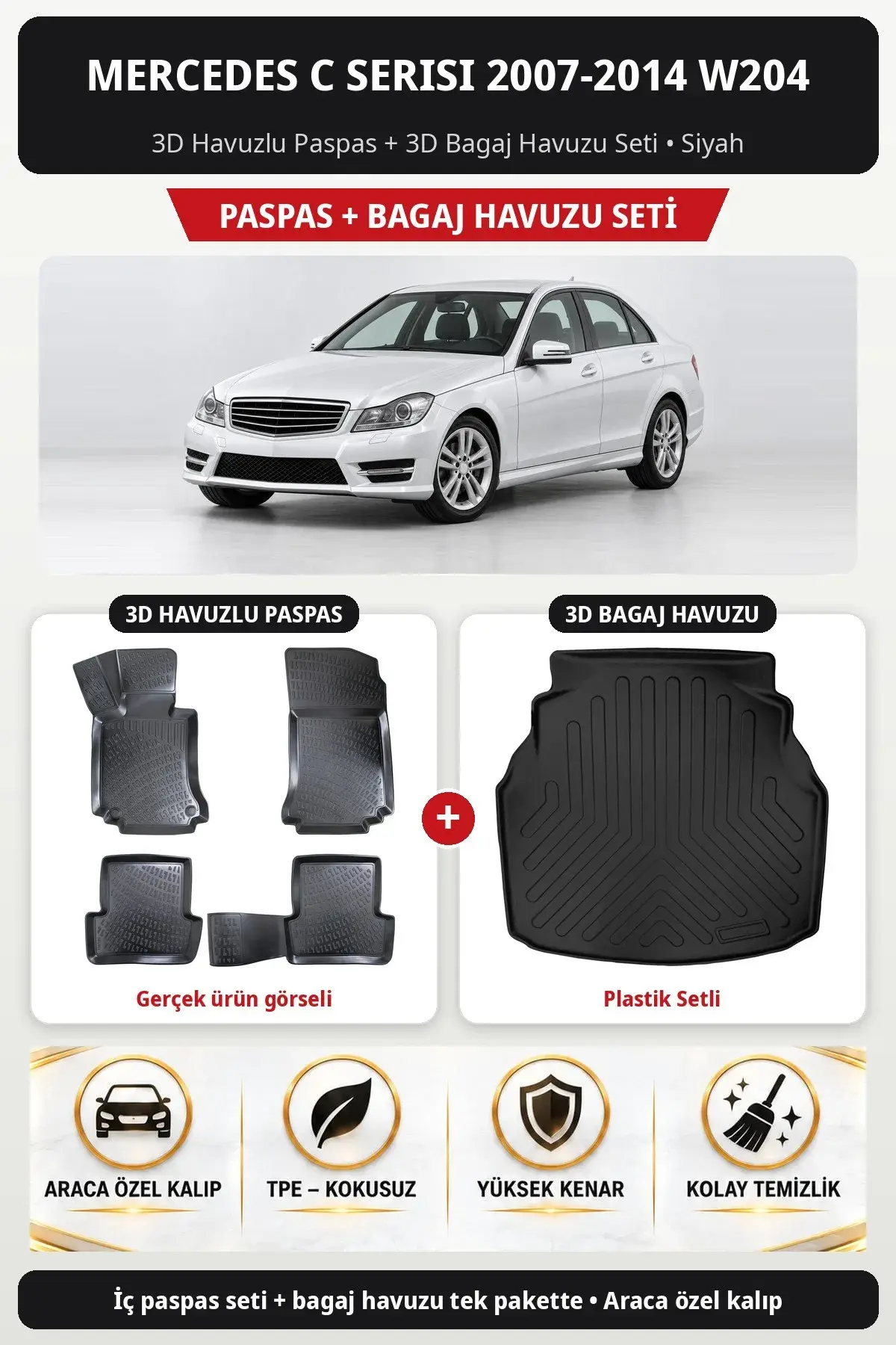 Mercedes C Serisi 2007-2014 W204 3D Havuzlu Paspas + 3D Bagaj Havuzu Seti (Plastik Setli) Bej (1)