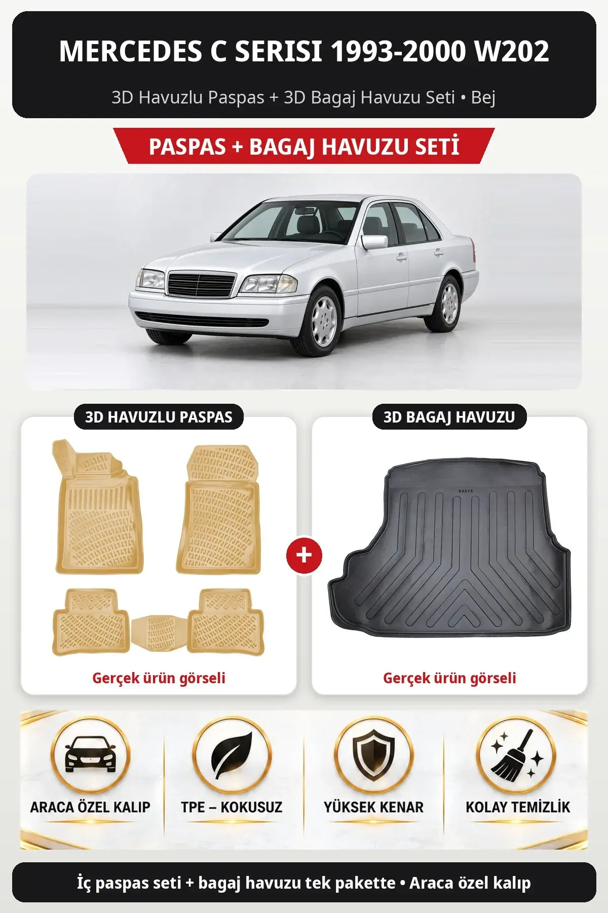 Mercedes C Serisi 1993-2000 W202 3D Havuzlu Paspas + 3D Bagaj Havuzu Seti Bej (1)