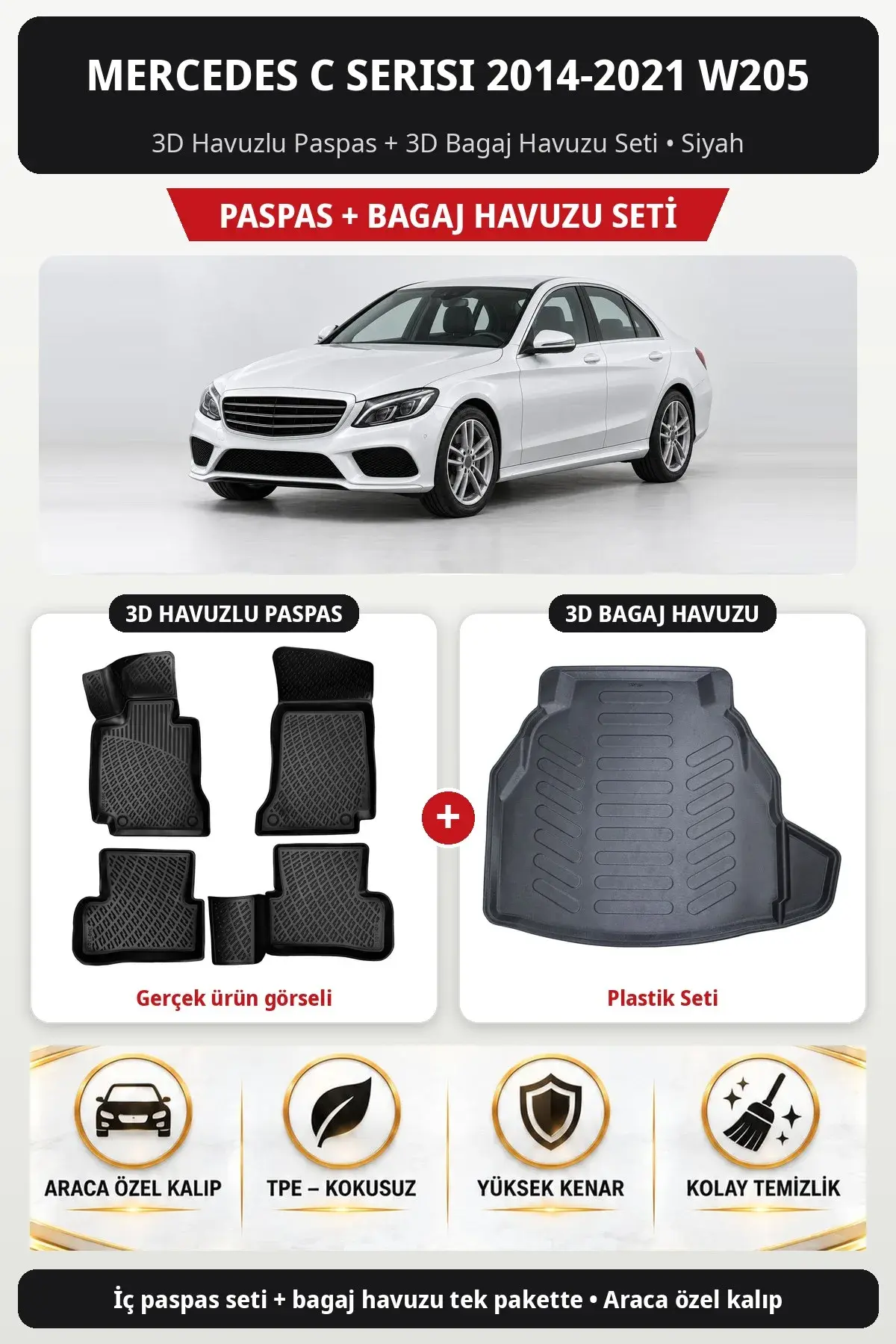 Mercedes C Serisi 2014-2021 W205 3D Havuzlu Paspas + 3D Bagaj Havuzu Seti (Plastik Seti) Bej (1)