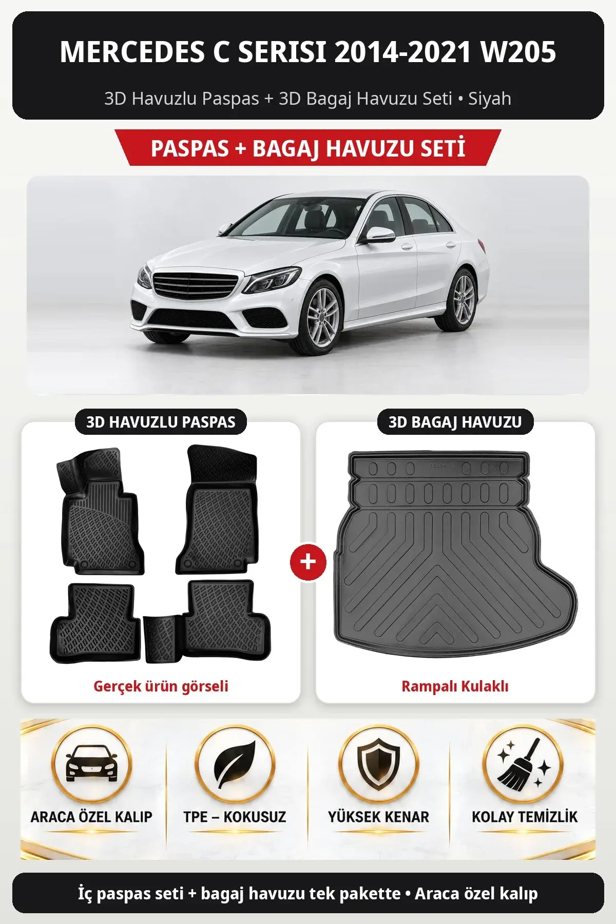 Mercedes C Serisi 2014-2021 W205 3D Havuzlu Paspas + 3D Bagaj Havuzu Seti (Rampalı) Siyah (1)