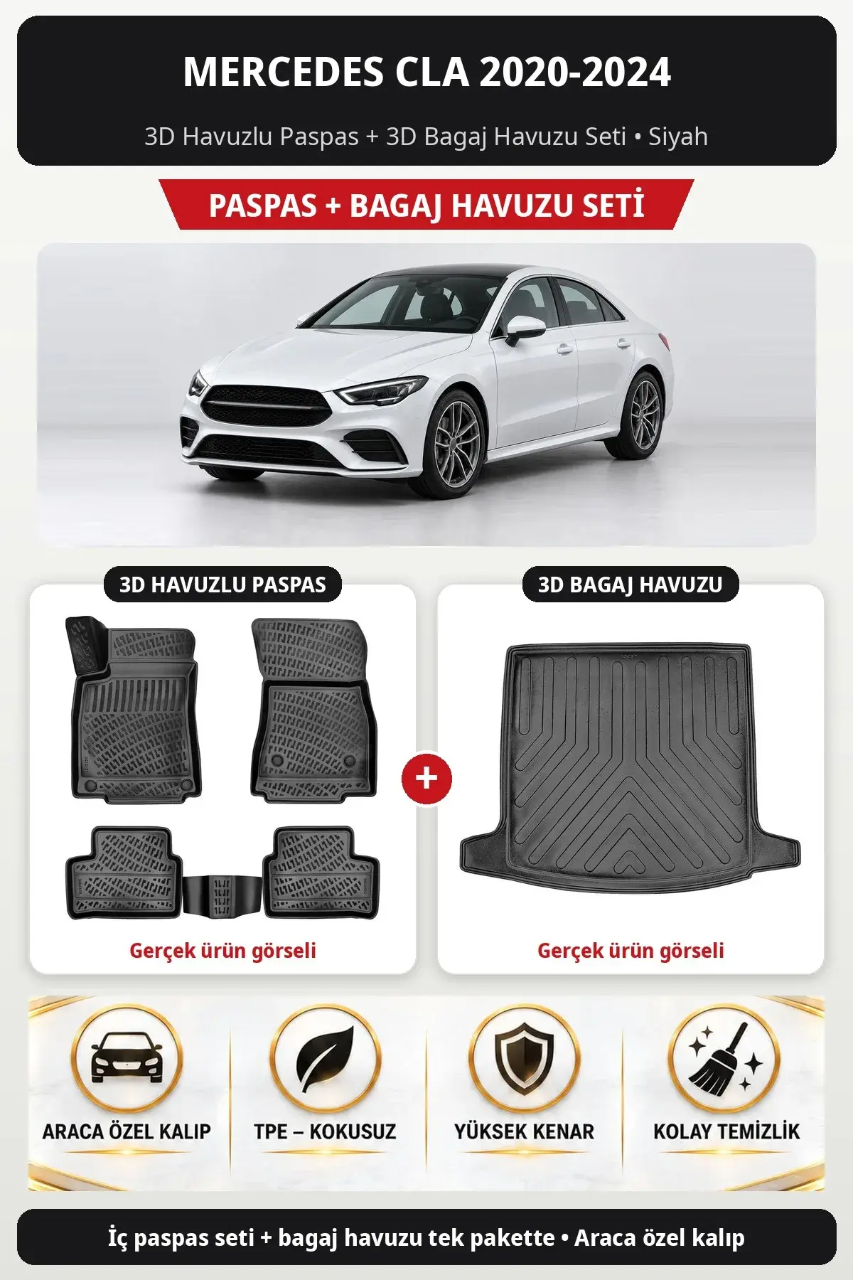 Mercedes CLA 2020-2024 3D Havuzlu Paspas + 3D Bagaj Havuzu Seti Siyah (1)