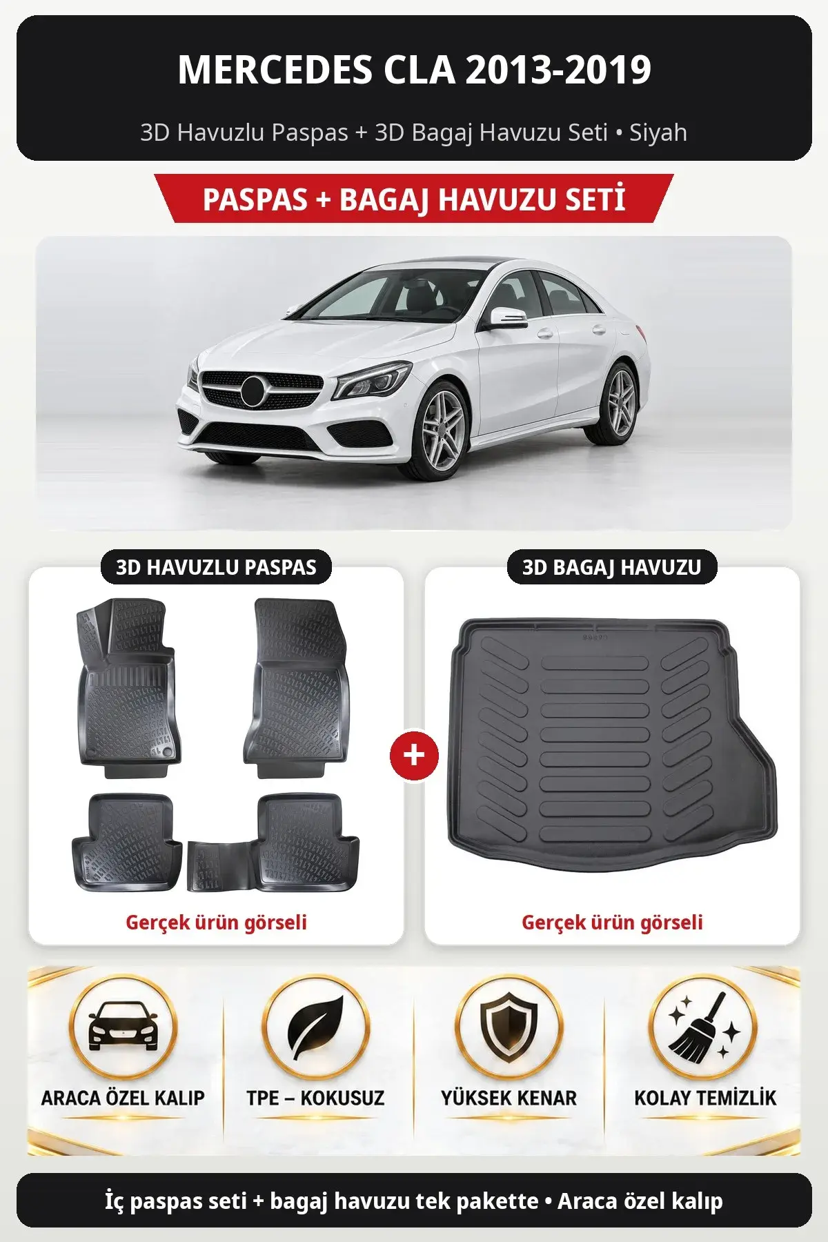 Mercedes CLA 2013-2019 3D Havuzlu Paspas + 3D Bagaj Havuzu Seti Siyah (1)