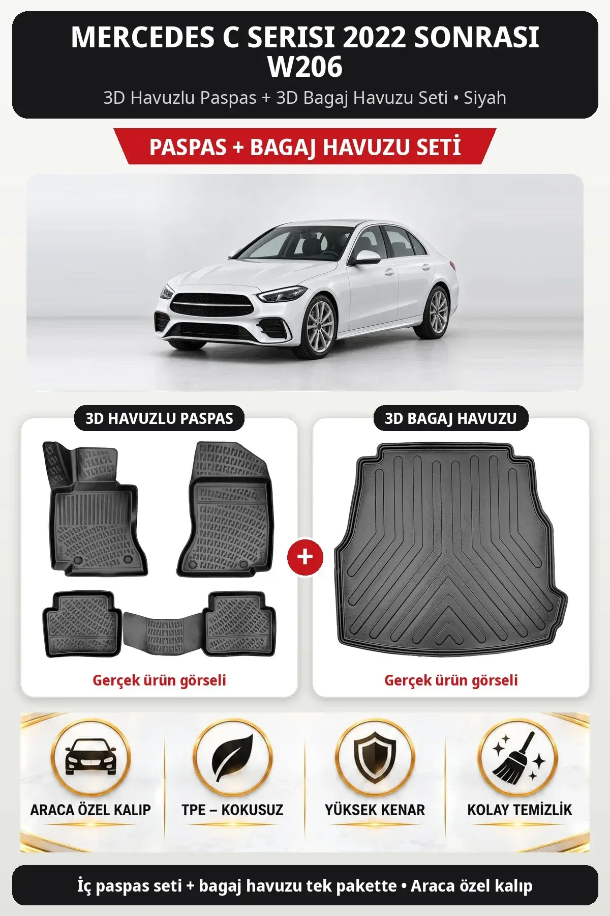 Mercedes C Serisi 2022 Sonrası W206 3D Havuzlu Paspas + 3D Bagaj Havuzu Seti Siyah (1)