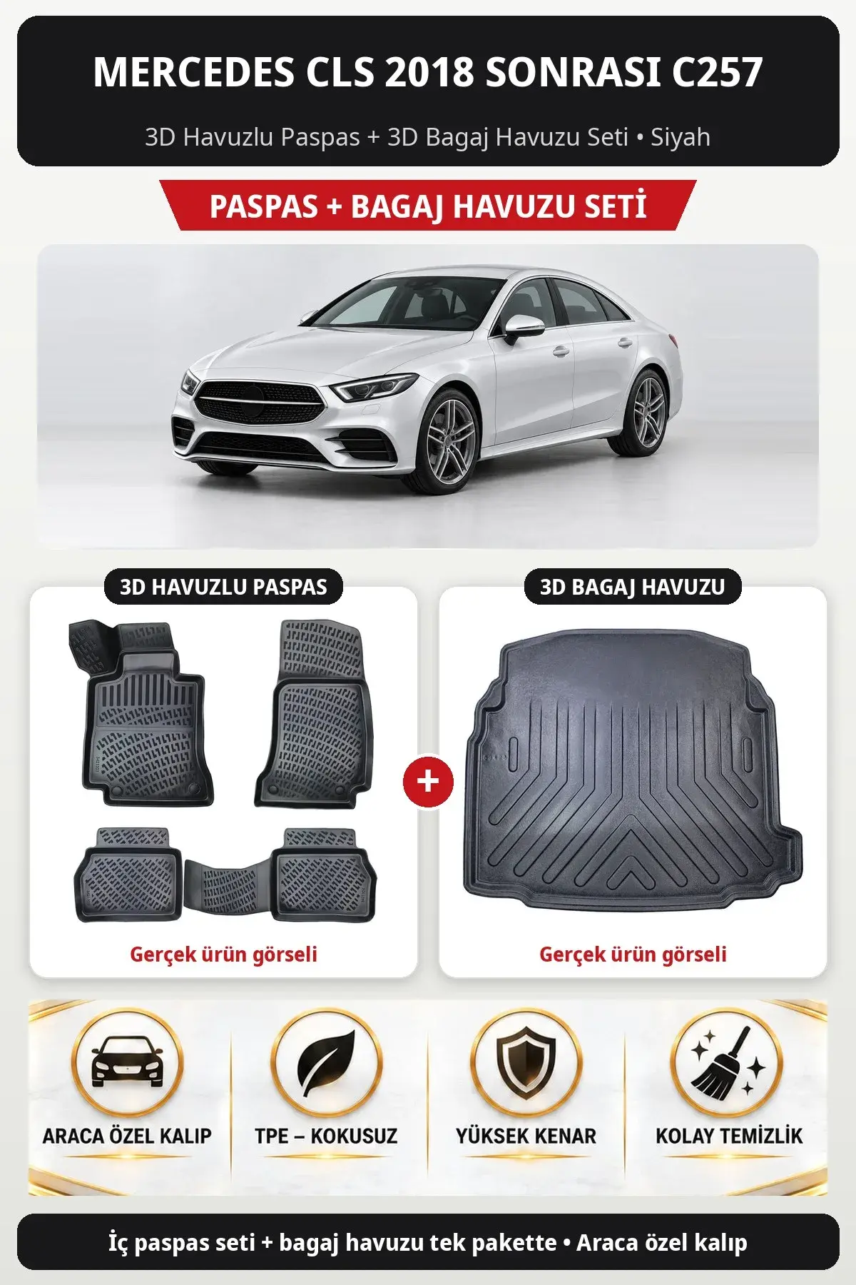 Mercedes CLS 2018 Sonrası C257 3D Havuzlu Paspas + 3D Bagaj Havuzu Seti Siyah (1)