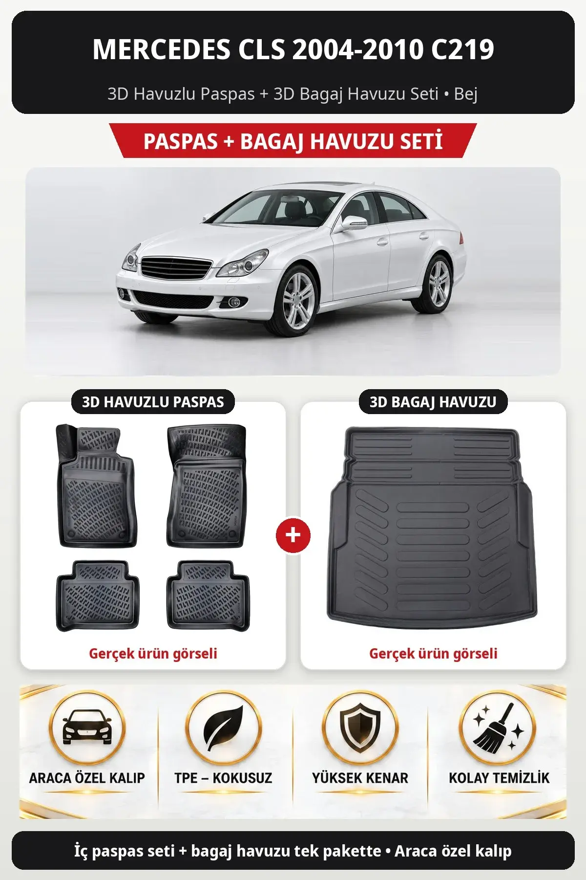 Mercedes CLS 2004-2010 C219 3D Havuzlu Paspas + 3D Bagaj Havuzu Seti Bej (1)