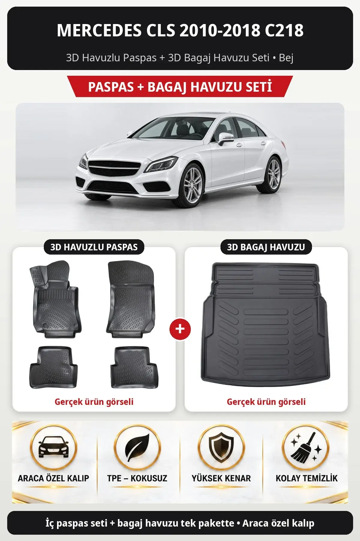 Mercedes CLS 2010-2018 C218 3D Havuzlu Paspas + 3D Bagaj Havuzu Seti Bej (1)