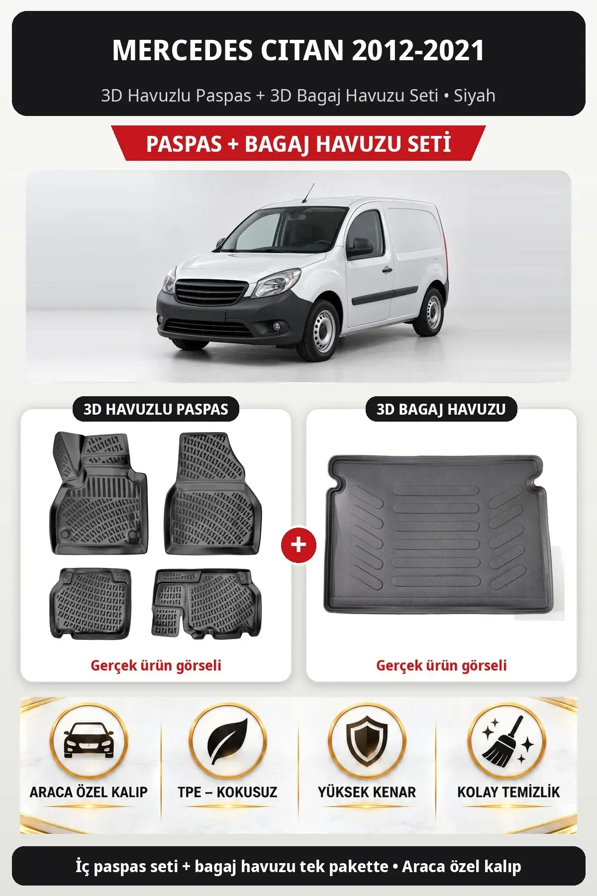 Mercedes Citan 2012-2021 3D Havuzlu Paspas + 3D Bagaj Havuzu Seti Siyah (1)